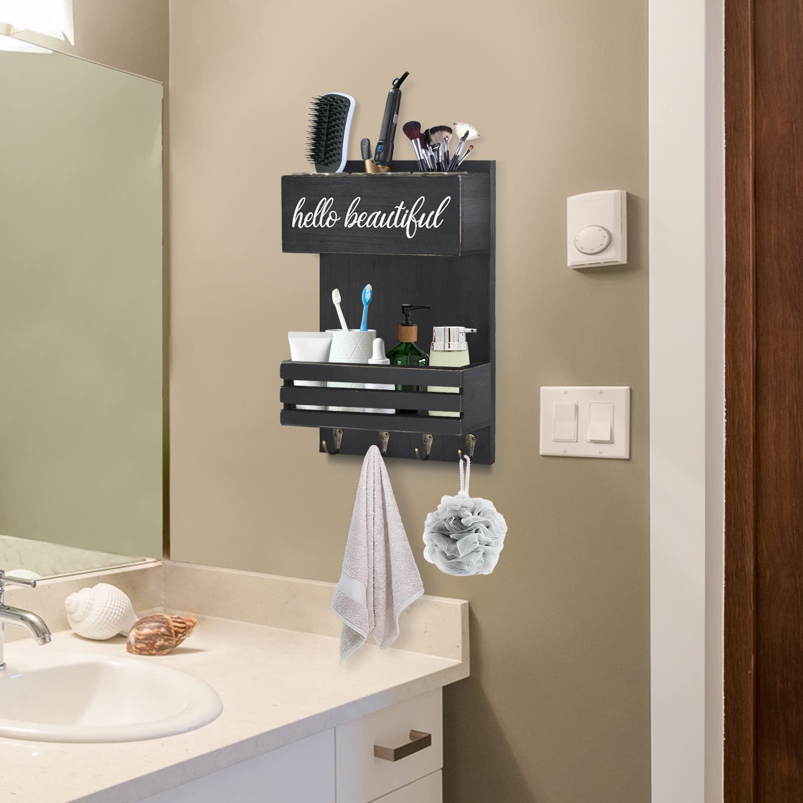 Black Hair Tool Organizer Wall Mount, Two Tiered Hair Dryer Holder Wall Mounted, Bathroom Hair Care And Styling Tool Organizer F