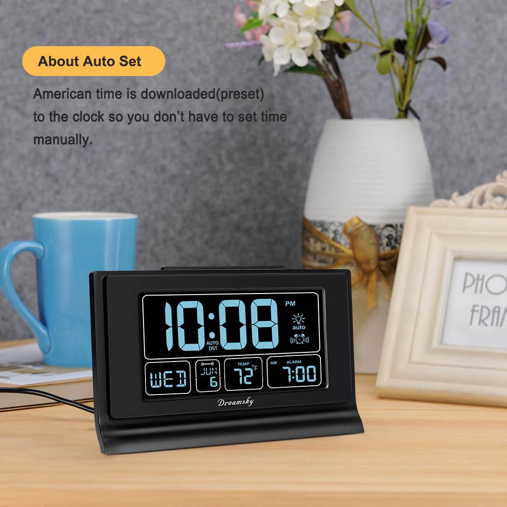 DreamSky Auto Set Alarm Clock with Humidity, Indoor Temperature, Moon Phase, Bedroom Electric Clocks with Battery Backup, Large