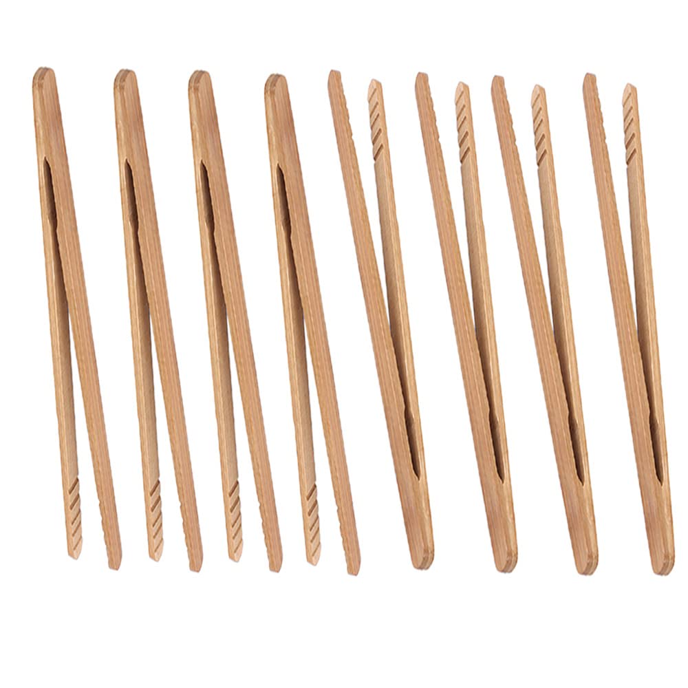 Bamboo Toast Tongs, 7 Inches Mini Wood Cooking Tong With Anti-Slip Design Great For Serving Food/Toaster/Bread & Pickles/Sugar/B