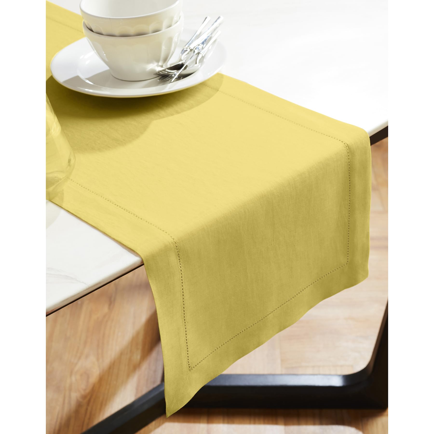 Solino Home Linen Yellow Table Runner 120 Inches Long - Sonoma Hemstitch 100% Pure Linen Prewashed Dining Table Runner 14 X 120