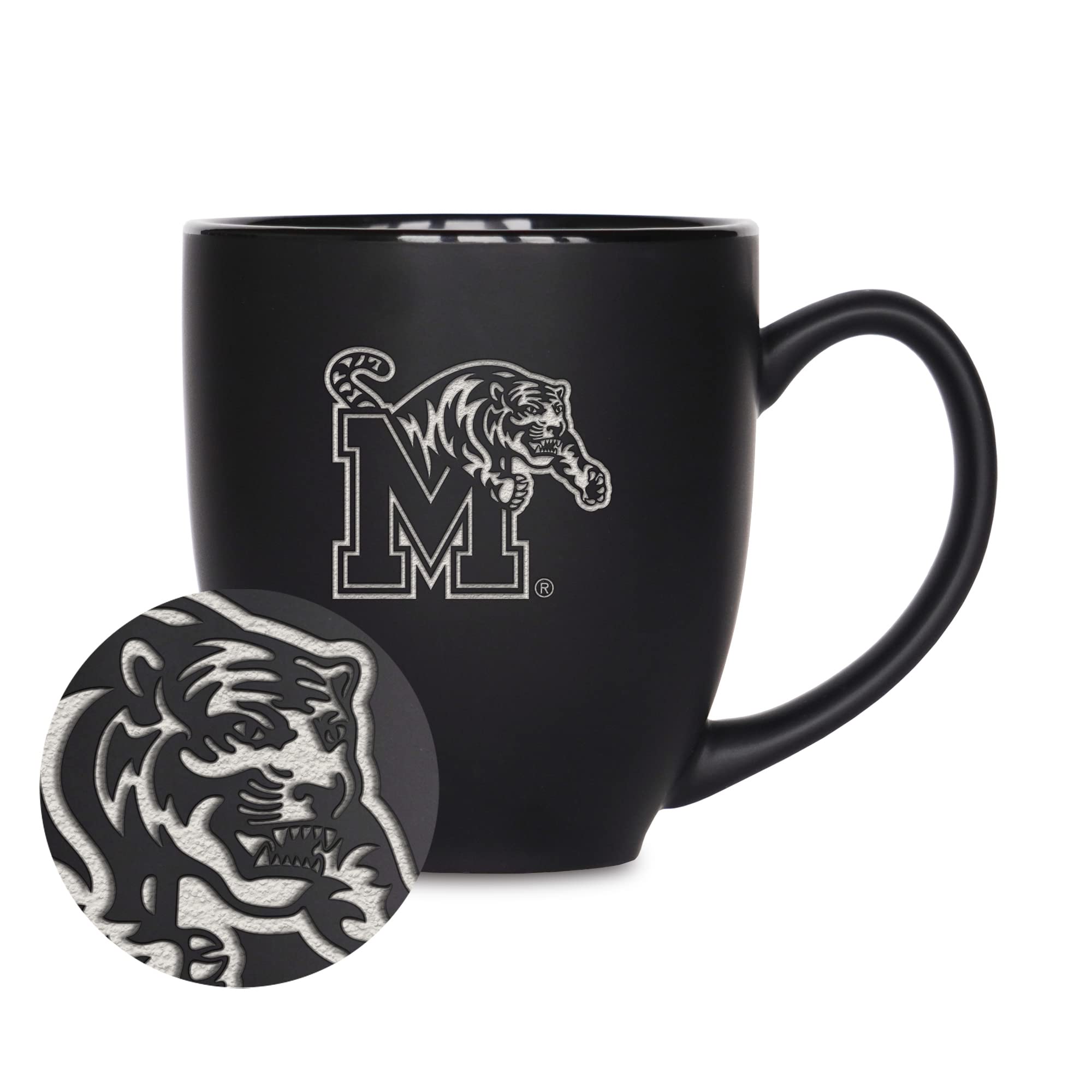 Rico Industries NCAA Memphis Tigers Main 15oz Laser Engraved Matte Black Ceramic Bistro Mug - For Hot or Cold Drinks