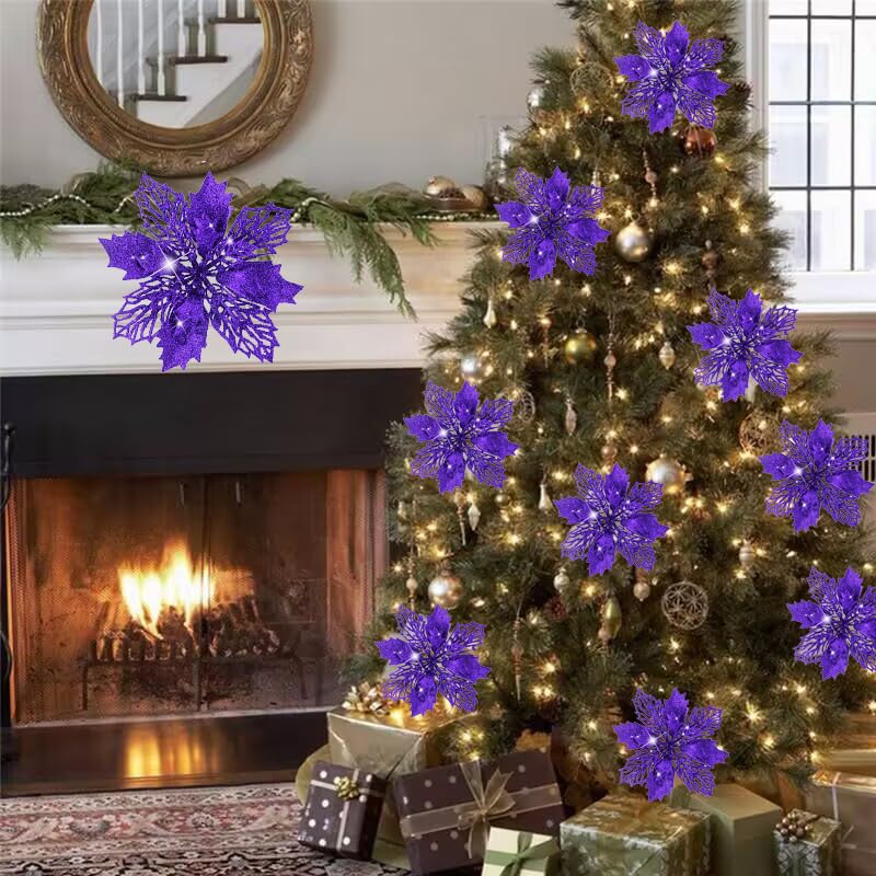 YYCRAFT Glitter Poinsettia Flowers 6 Inch for Christmas Tree Ornaments Christmas Decorations-12pcs,Purple