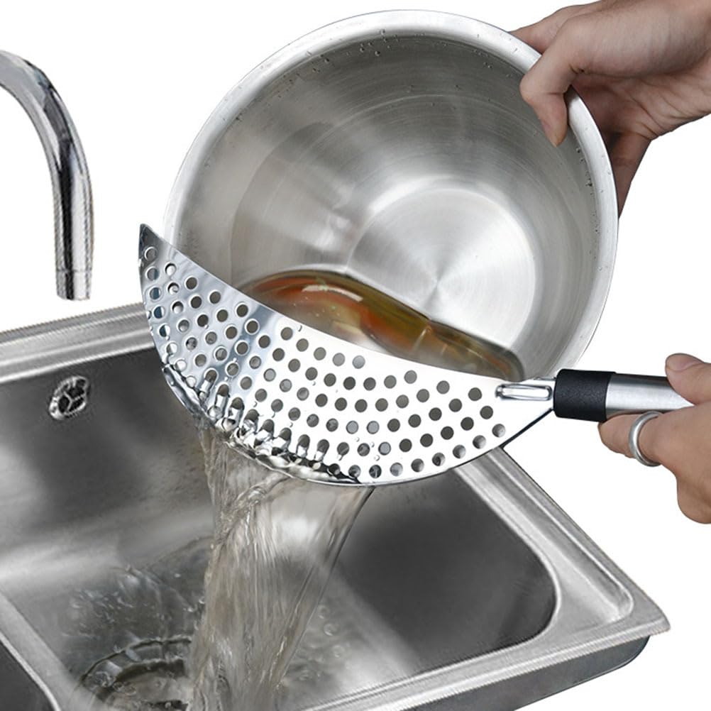 Pot Strainer With Handle Stainless Steel Pasta Strainer Crescent Pot Strainer Colander Spaghetti Fry Drainer, Food Strainers For