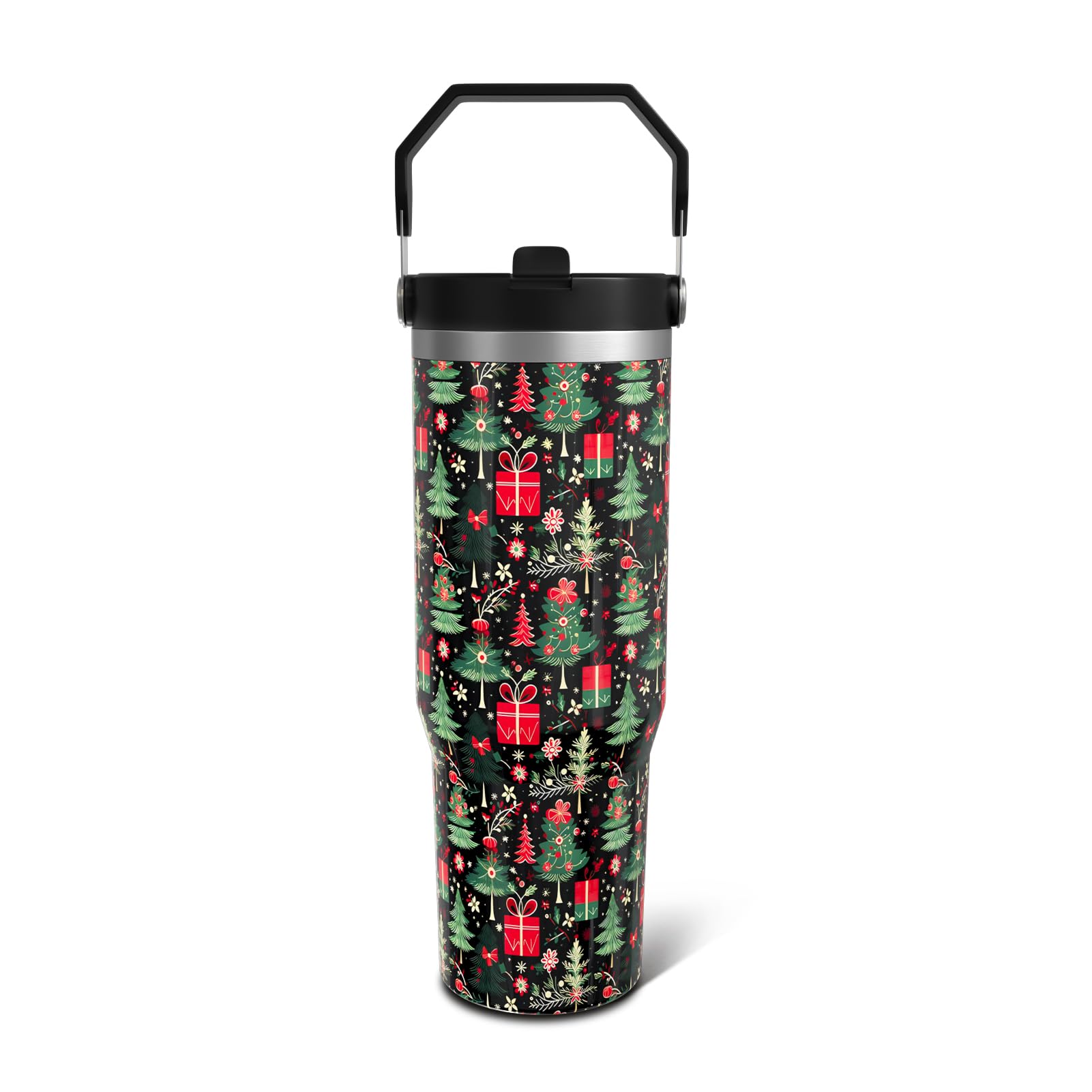 Aokoyi Christmas Gifts 30oz Tumbler Gifts for Women Men, Green Xmas Tree Stainless Steel Insulated Cup, Top Handle and Flip Stra