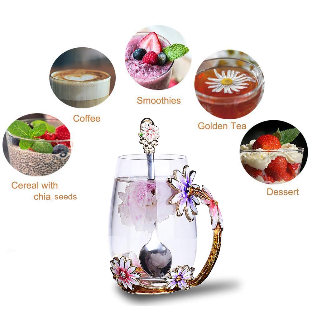Goodking Flower Glass Tea Mug, Lead-Free Handmade Enamel Coffee Mug Tea Cups with Spoon For Women Grandma Mom Teachers Friend Wi