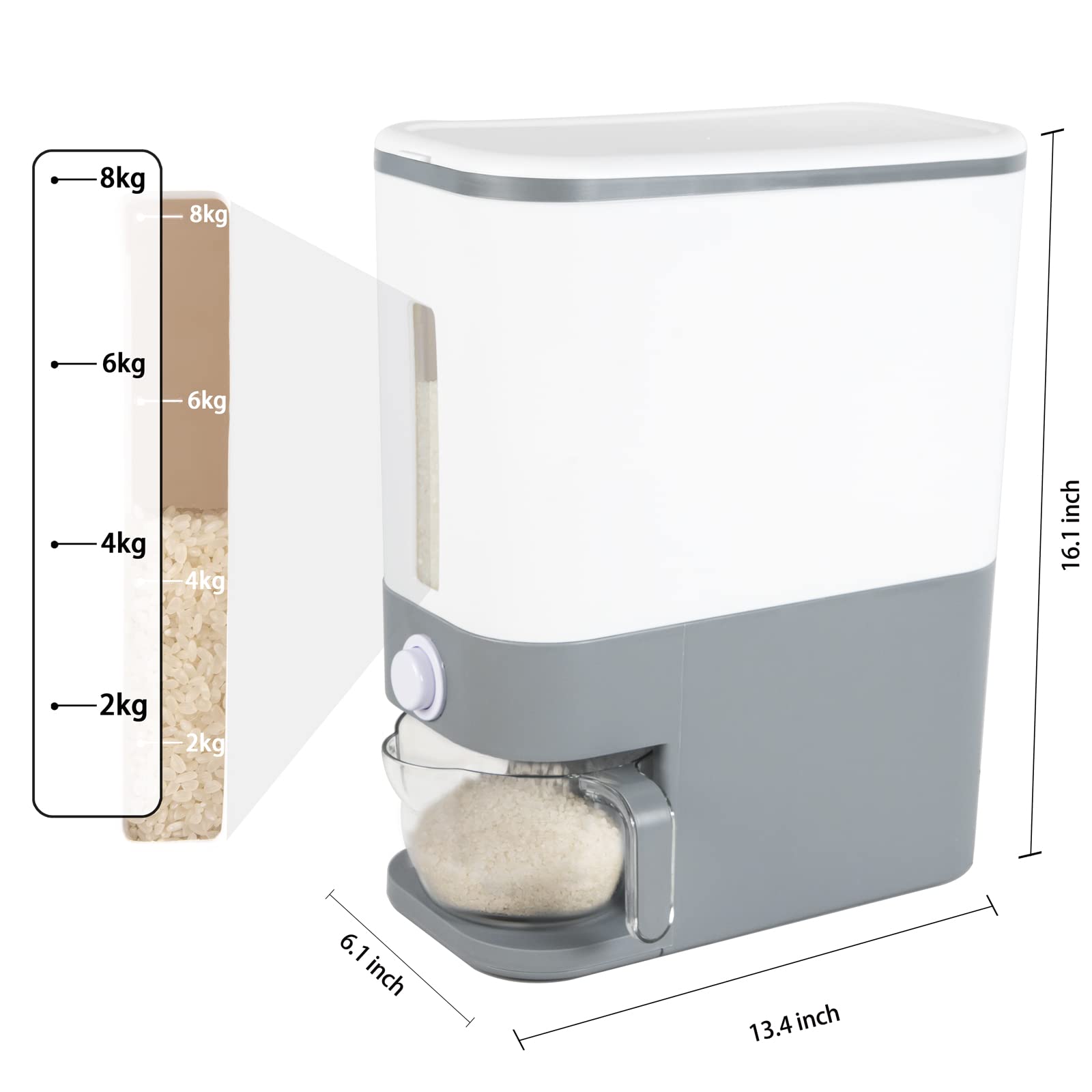 Rubtlamp 22.5 Lbs Gray Rice Dispenser  Rice Container with Lid  Rice Storage Container with Measuring Cup  Food Dispenser Rice Container  Storage Container for Cereal  Household Rice Bucket