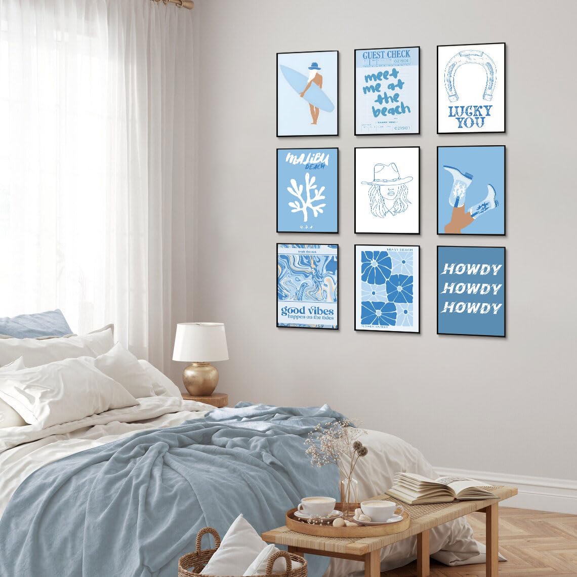 9Pcs Coastal Cowgirl Wall Art, Surfer Girl Canvas Posters Blue Beachy Cowgirl Room Decor Preppy Aesthetic Pictures Prints For Te