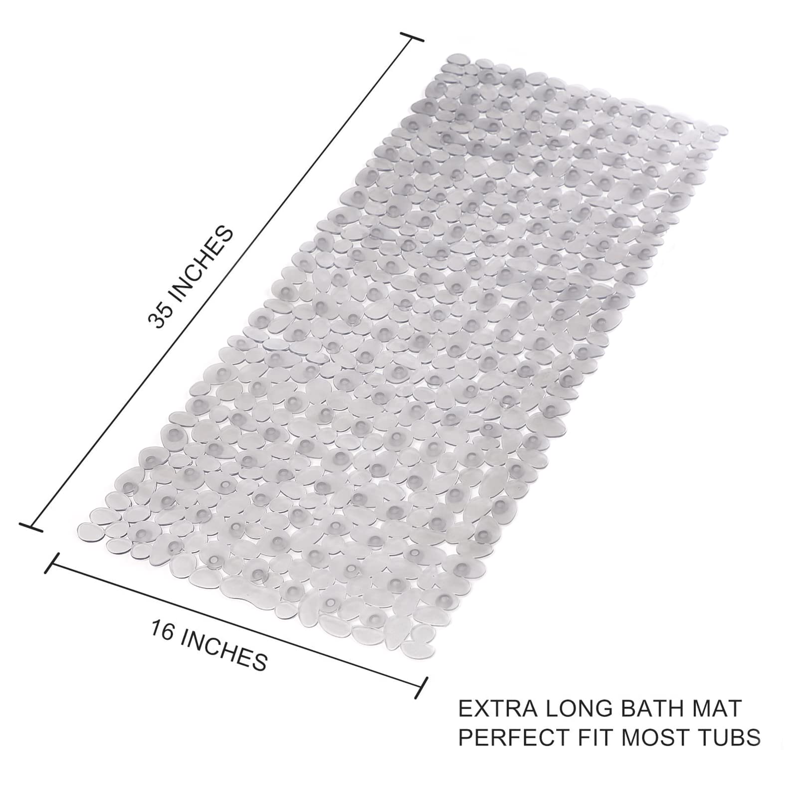 WELTRXE Non Slip Bathtub Mat 35 x 16 Inches Pebbles Shower Mats with Suction Cups  Drain Holes for Bathroom Showers  Tub  Machine Washable Bathroom Mats BPA  Latex Free Safe Tub Mats - Clear Gray