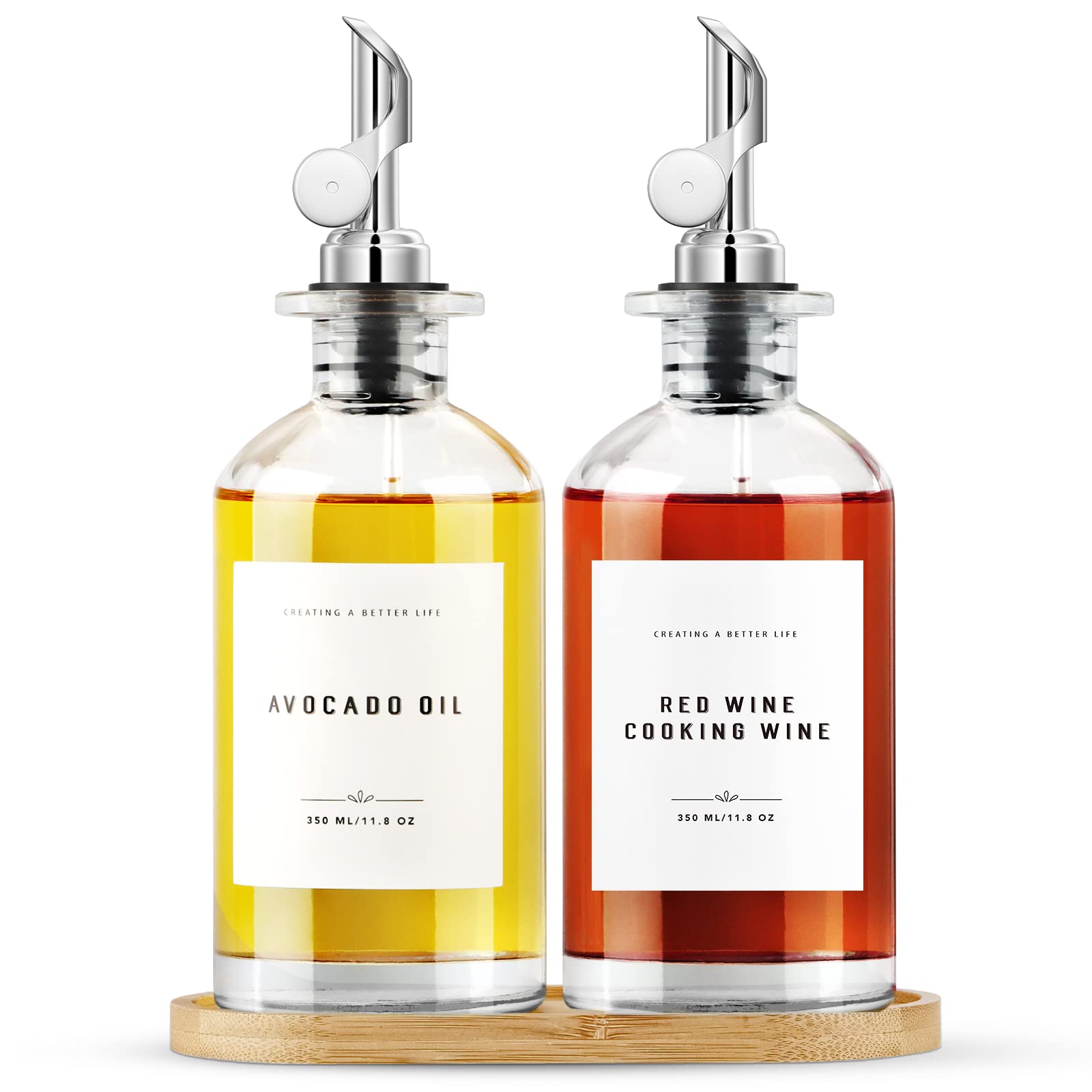 Gixsegie 350Ml Glass Olive Oil Dispenser Set With Bamboo Tray And Metal Pour Spout