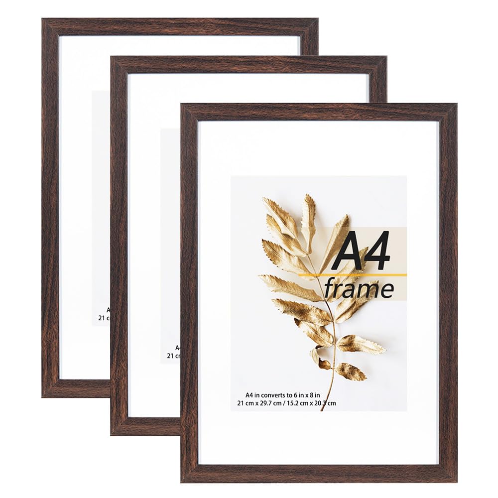 Hogaryo A4 Picture Frame Brown 3 Pcs set can Display 6x8 Picture with Mat or A4 Without Mat on the Wall