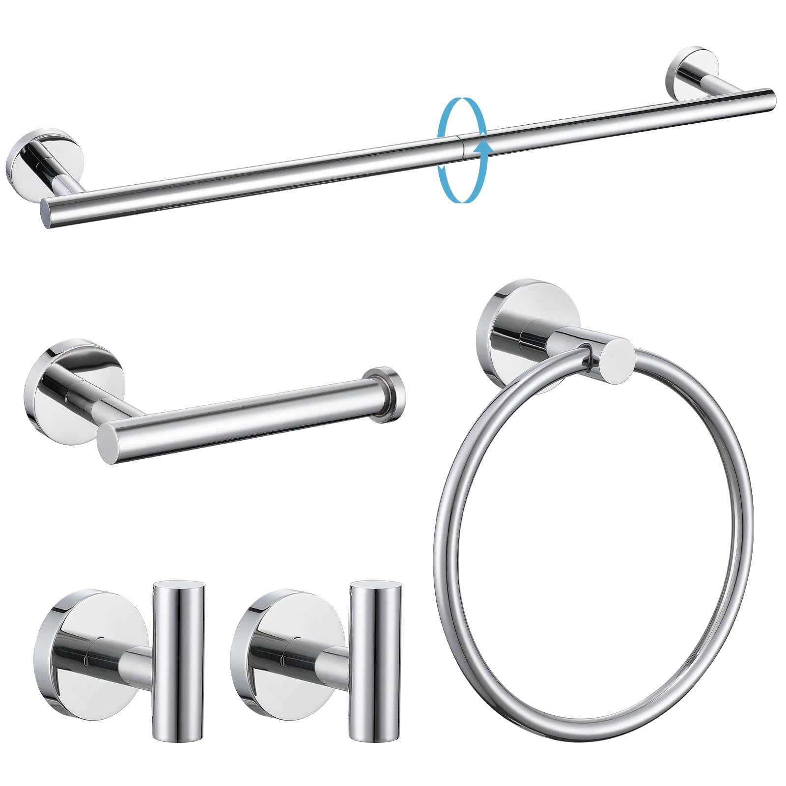 TURS Chrome 5 Piece Bathroom Hardware Set, SUS304 Stainless Steel 24 Inch Bath Towel Bar Set, Round Bathroom Accessories Kit Wal