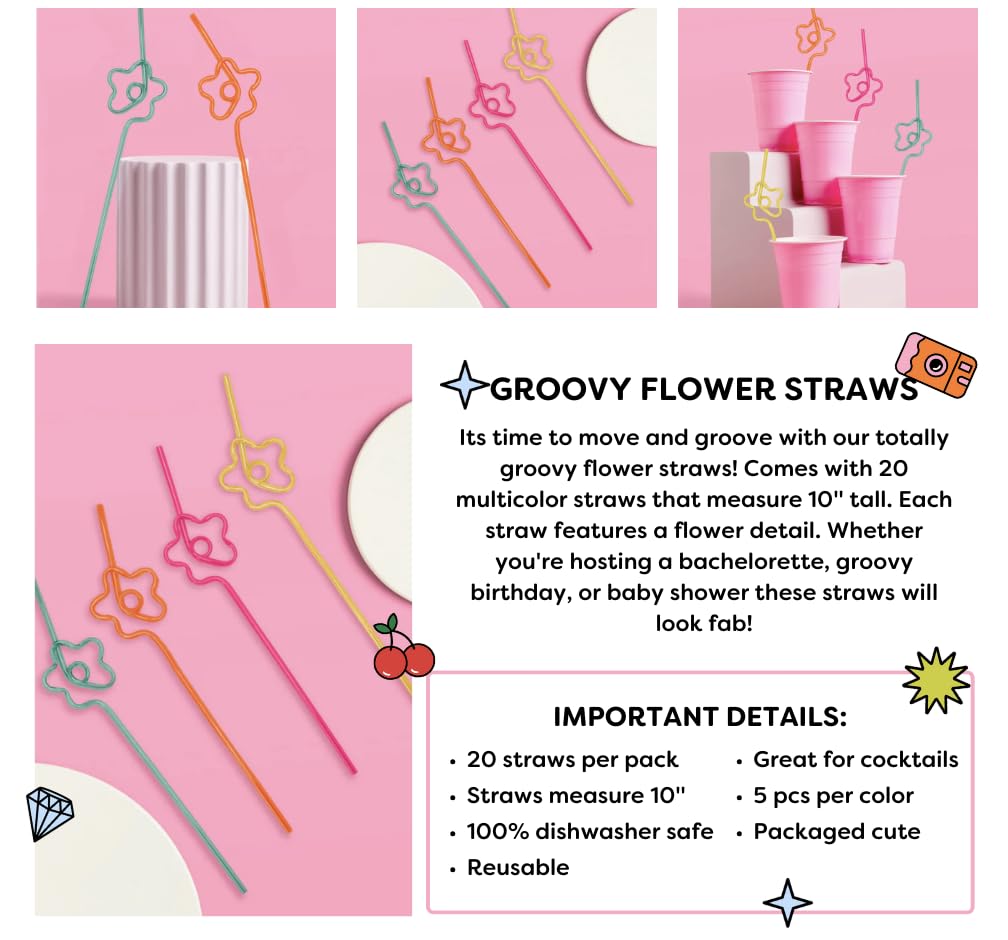 Xo, Fetti Rainbow Flower Reusable Straw Set - 20 Pc | Rainbow Birthday Party Decorations, Groovy Bachelorette Supplies, Baby Sho