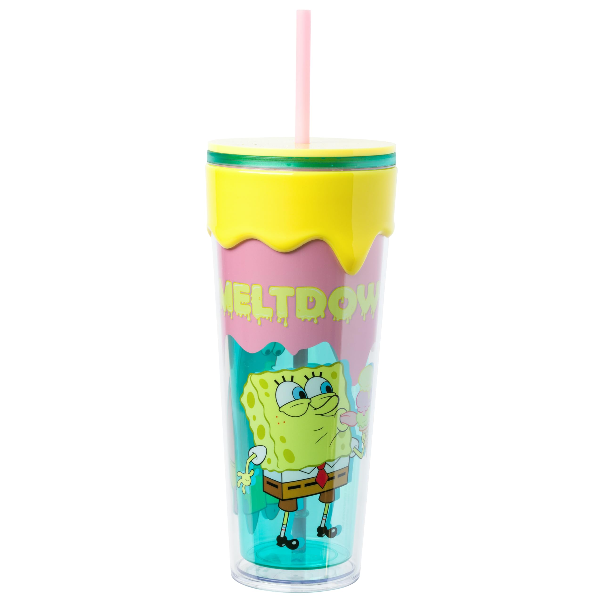 Silver Buffalo SpongeBob SquarePants Meltdown    Plastic Drip Tumbler with Lid and Straw Featuring SpongeBob SquarePants and Pat