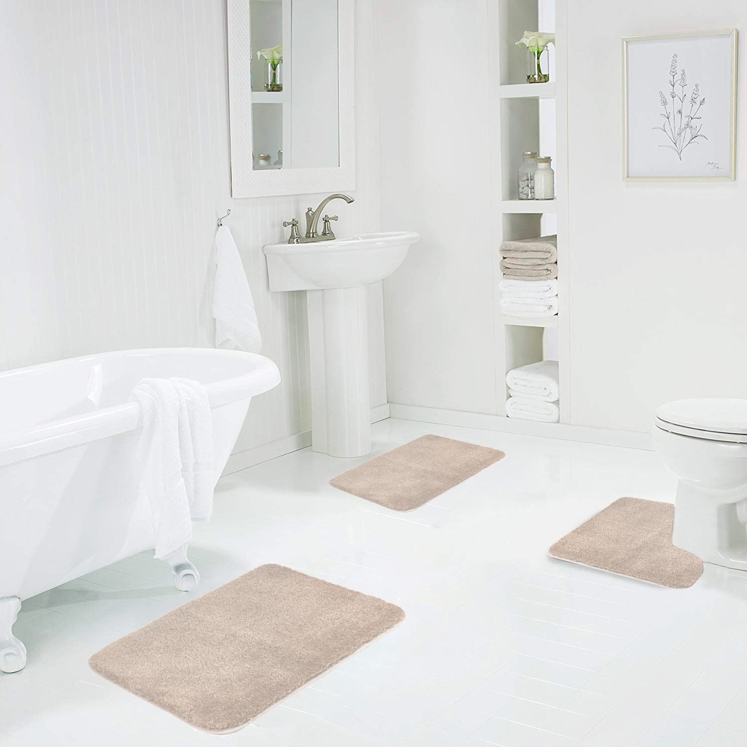 Walensee Shaggy 2 Piece Bath Rug Sets (Beige) 20 X 24 U Shape Contour Rug & 20 X 32 Bathroom Rug Machine Wash/Dry Bath Mats For