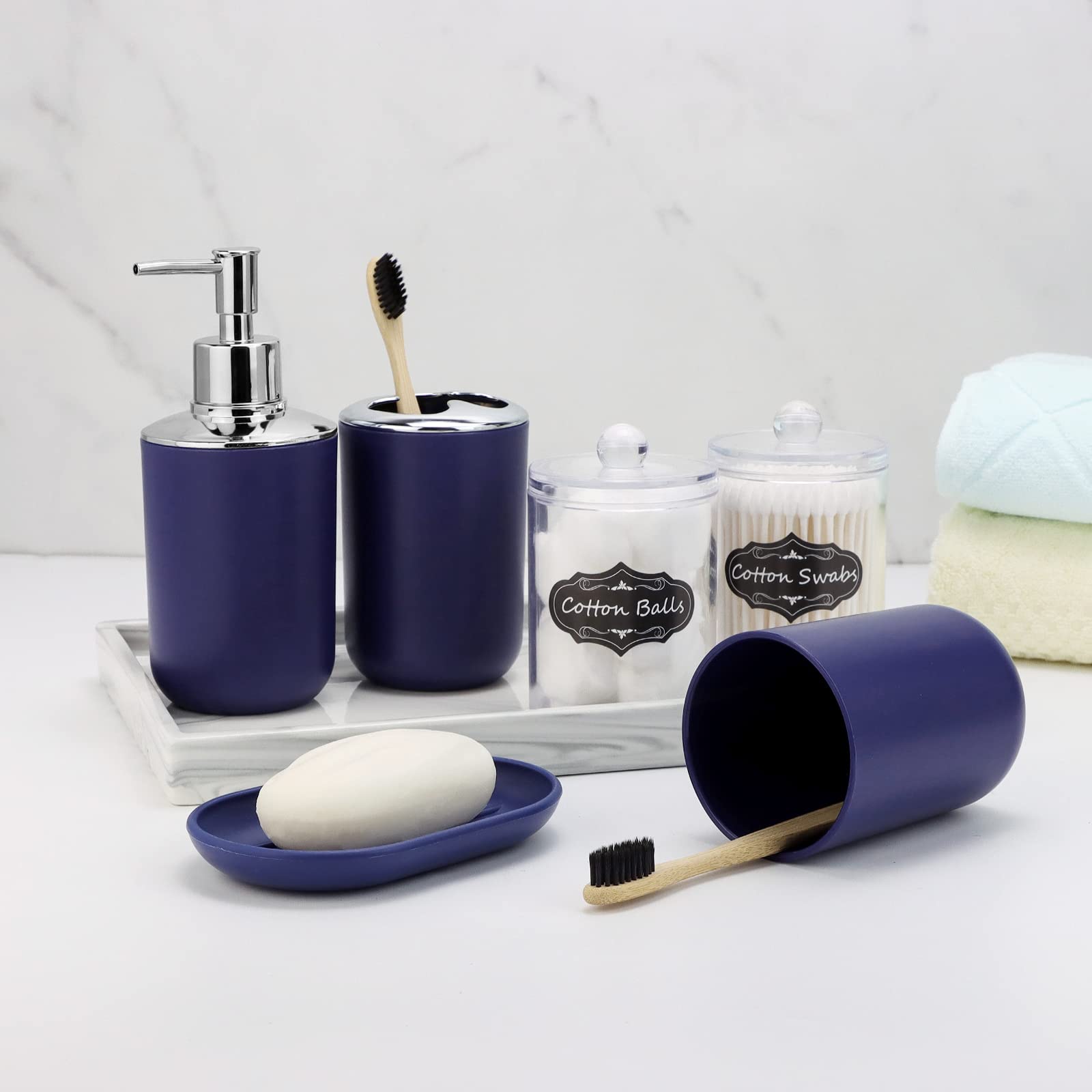 Imavo Bathroom Accessory Set - 8 Pcs Blue Bathroom Accessories Set With Trash Can, Soap Dispenser, Soap Dish, Toothbrush Holder,