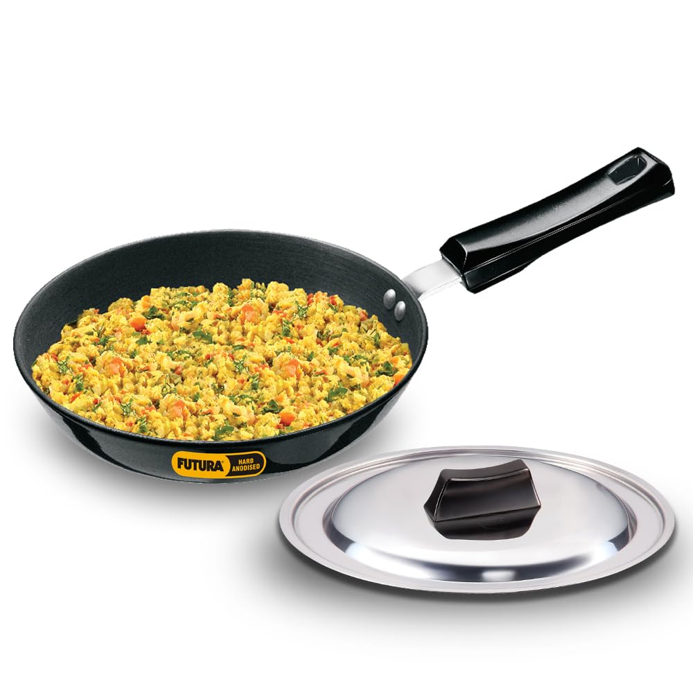 Hawkins Futura 22 Cm Frying Pan, Hard Anodised Fry Pan With Stainless Steel Lid, Induction Compatible, Black