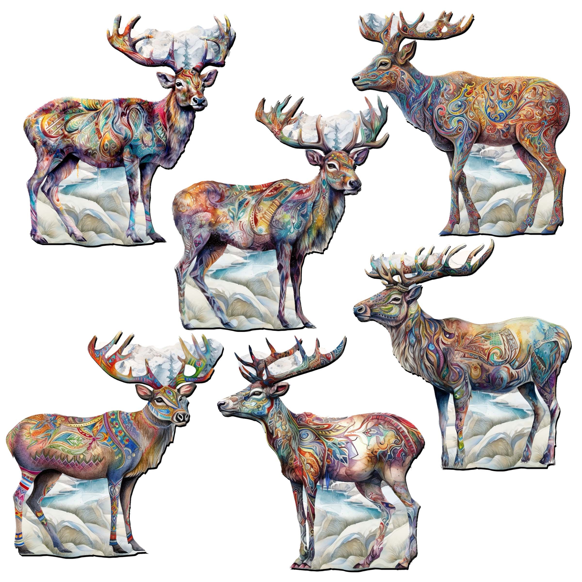 Iconic Caribou of Alaska Decorative Eco Wood Magnets Set of 6 by G. Debrekht - Wildlife Decor - 8090111G-S6