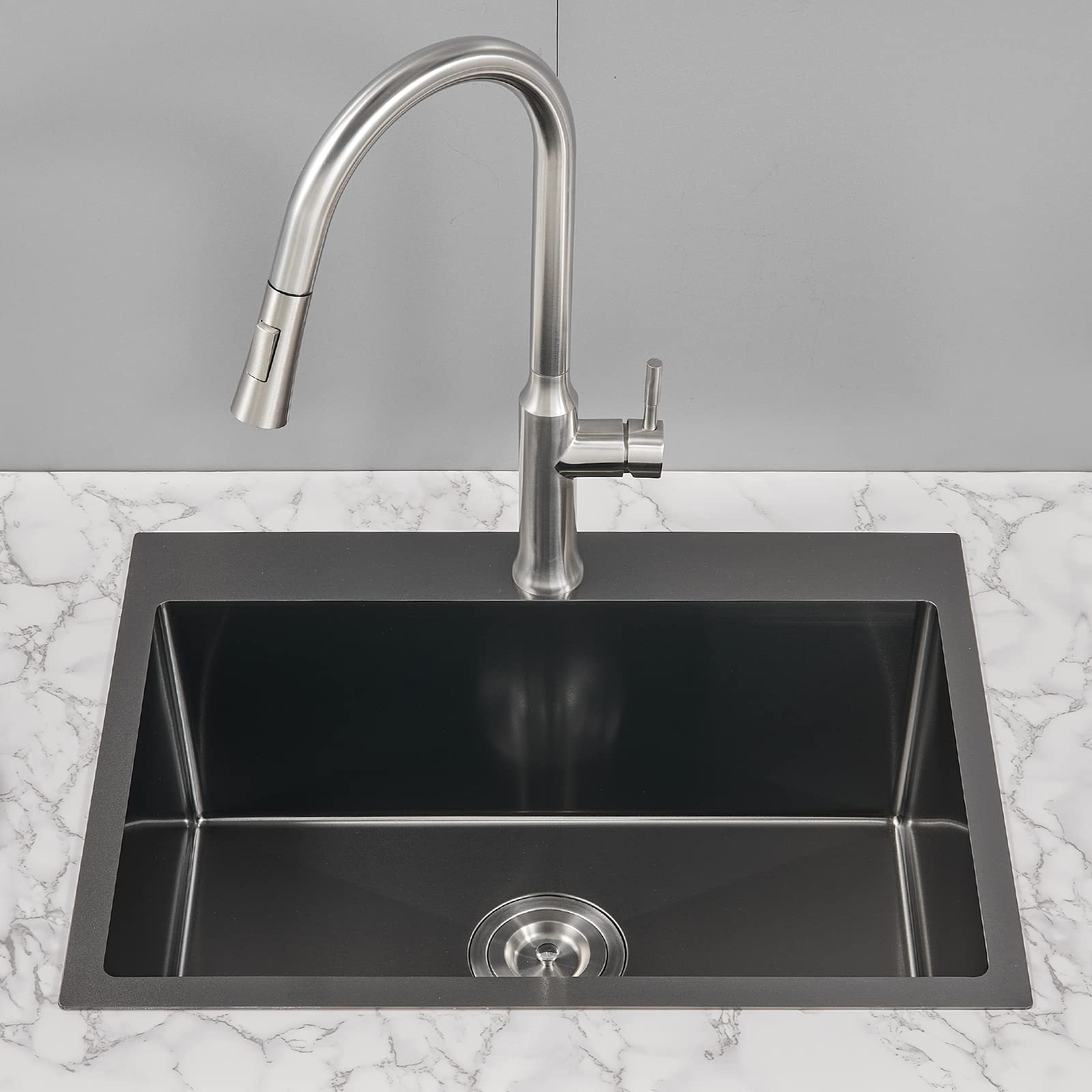 Tsibomu 24 Inch Drop In Kitchen Sink Black, 24X18 Inch Single Hole Kitchen Sink Topmount 18 Gauge Stainless Steel Single Bowl Ki