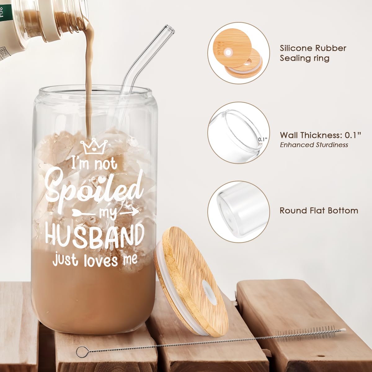 Wife 16 Oz Can Glass Tumbler with Bamboo Lid and Straw - Iced Coffee Cups for Women, Aesthetic Glass Cup Gift for Birthday Chris