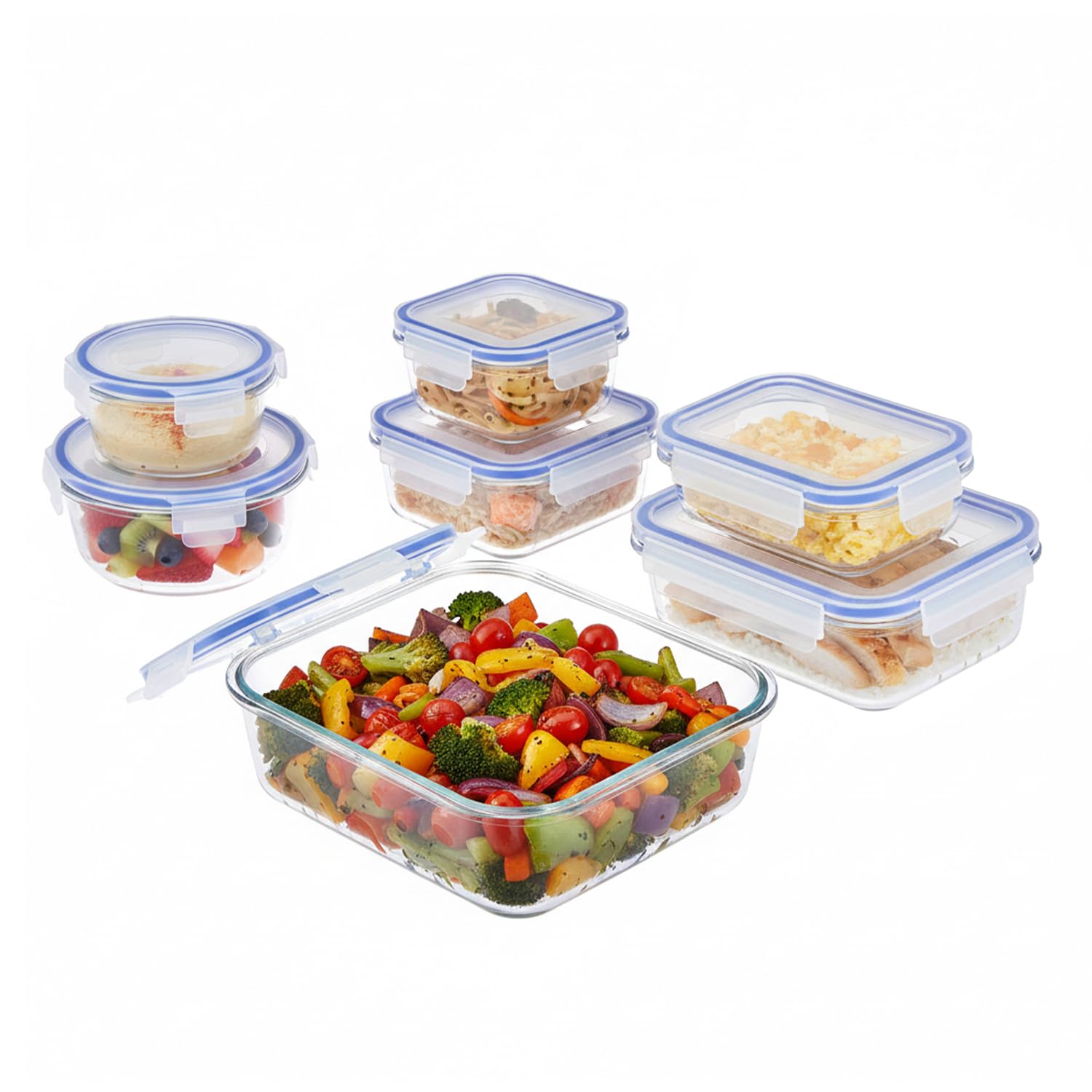 Amazon Brand  Solimo Glass Food Storage Container Set, Pack Of 7, Airtight & Leakproof, Microwave & Freezer Safe, Transparent