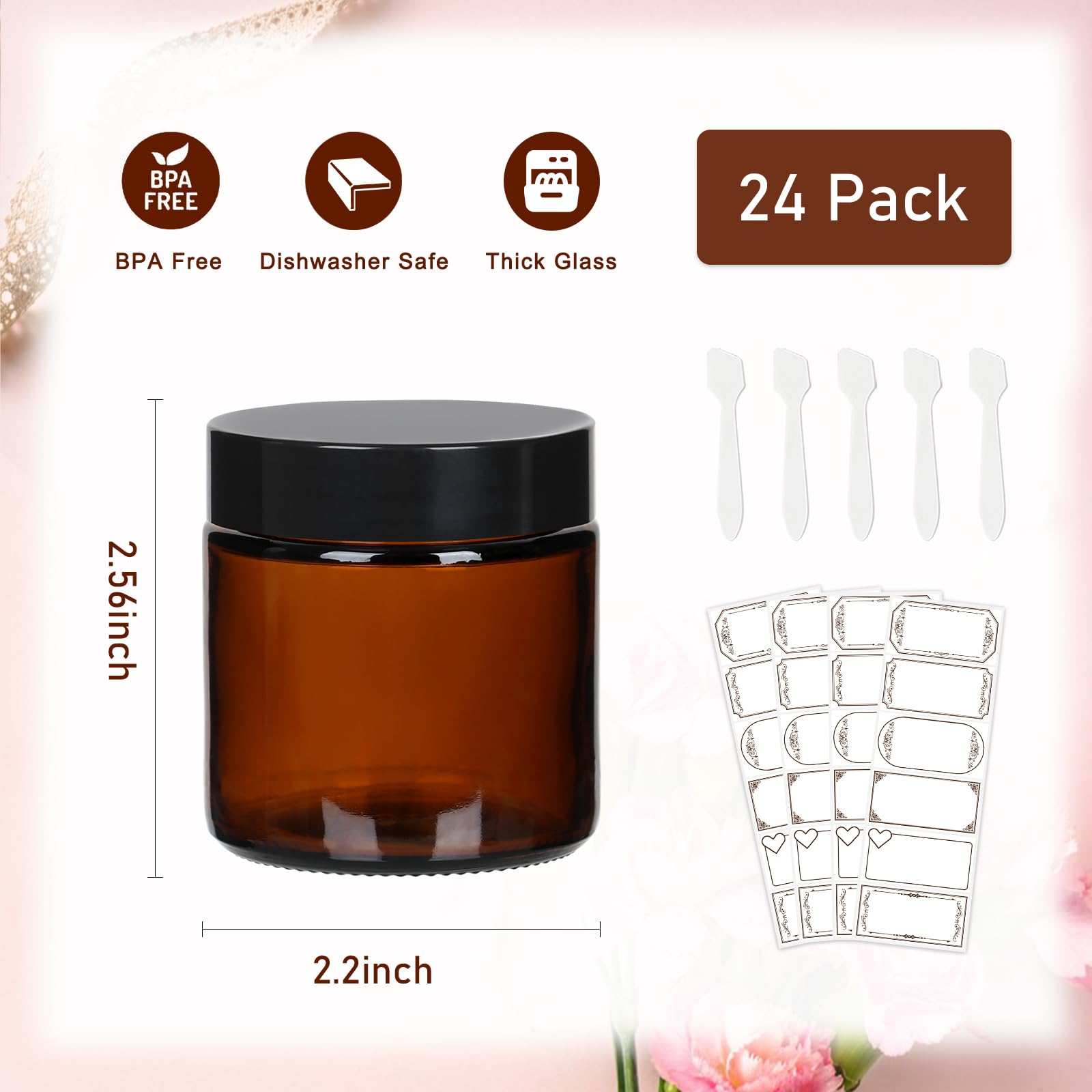 24 Pack 4 Oz Glass Jars With Lids, Amber Cosmetic Jars With Inner Liners And Black Lids, Lotion Jars, Candle Making Jars For Lot