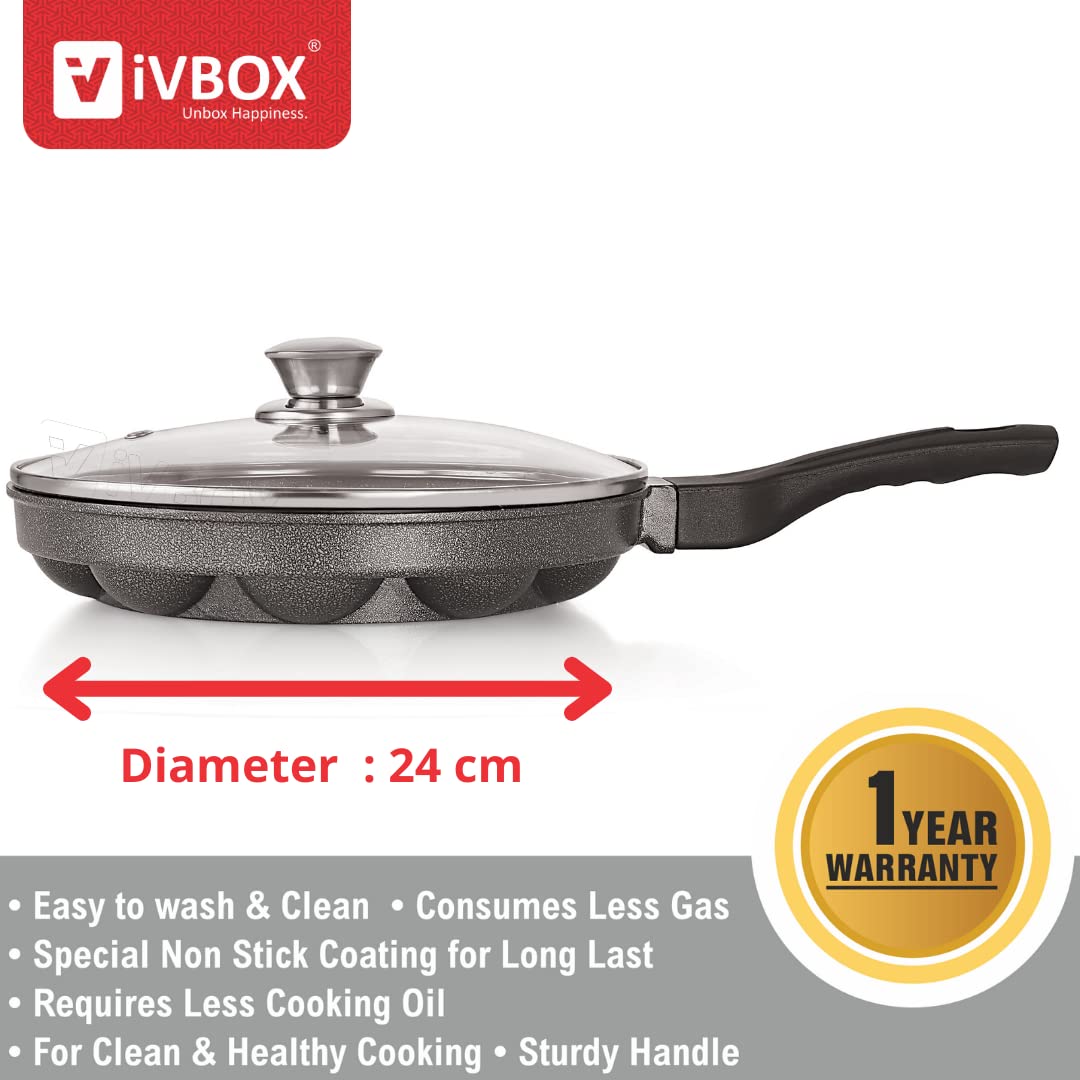 ivbox MAX-PRO Appam Pan Heavy-Weight Non-Stick appe Paniyarakkal Maker with Glass Lid, Cast Aluminium, Silver Grey