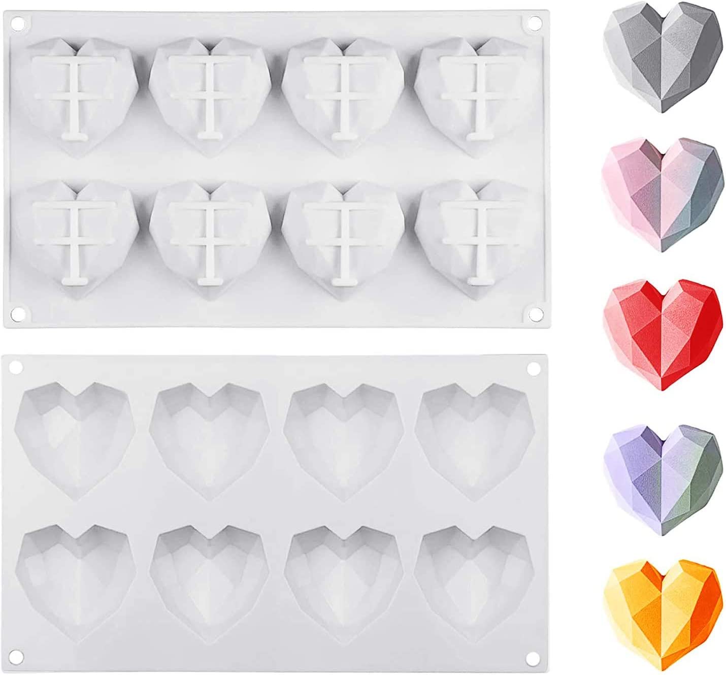 Bamutu 3D Diamond Love Heart Mousse Silicone Chocolate Mould 2Pcs 8-Cavity Heart Shape Chocolate Candy Jelly Mold Baking Pan Mol