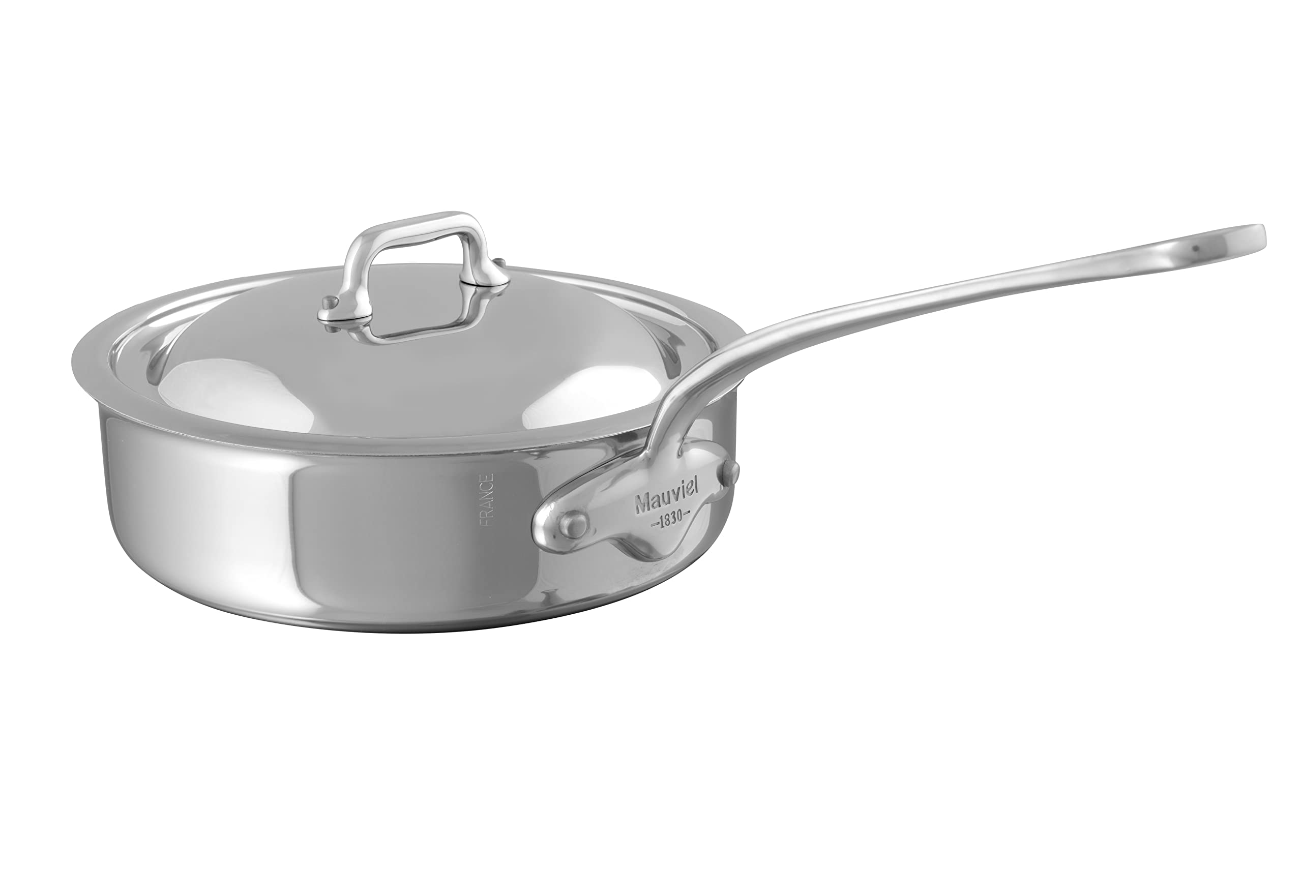 Mauviel MCook 5-Ply Polished Stainless Steel Saute Pan With Lid, And Cast Stainless Steel Handle, 3.2-qt, Made In France