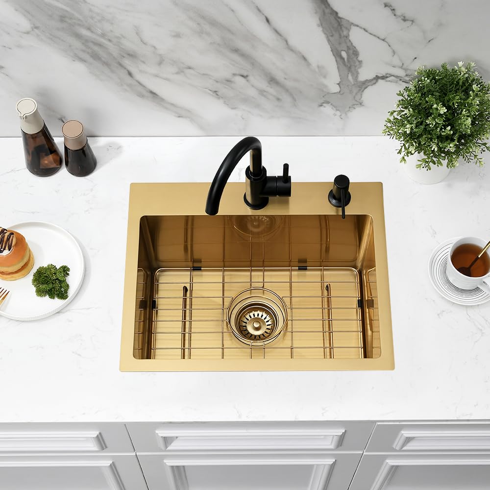 Jshozzy Gold Bar Sink Drop In, 20'' X 16'' Drop In Kitchen Sink 16 Gauge Stainless Steel Small Kitchen Sink Outdoor Rv Sink Sing