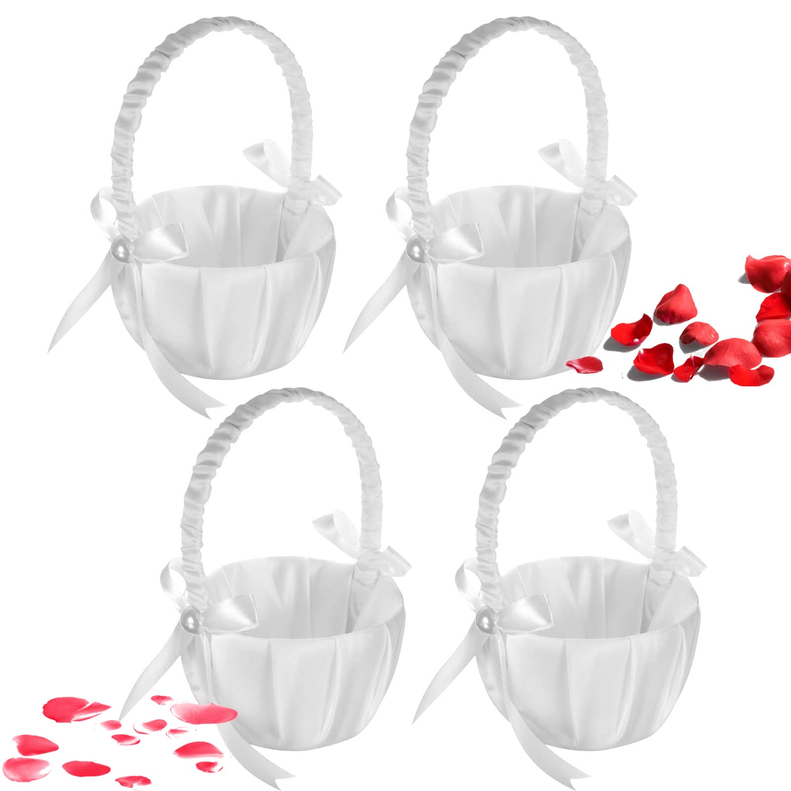4Pcs Wedding Flower Baskets, White Satin Bowknot Flower Baskets Pearl Collection Flower Girl Baskets For Weddings (Pearl Bow)