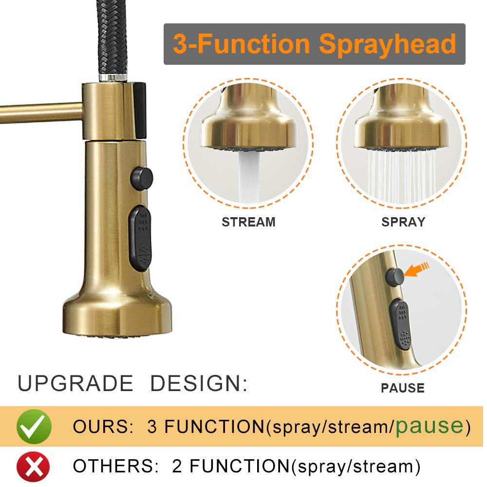 Hoimpro Brushed Gold High Arc Spring Kitchen Faucet with Pull Down Sprayer  Commercial Rv Single Lever Kitchen Sink Faucet  3 Function Single Handle Laundry Faucet  Brass / Brushed Gold (1 or 3 Hole)