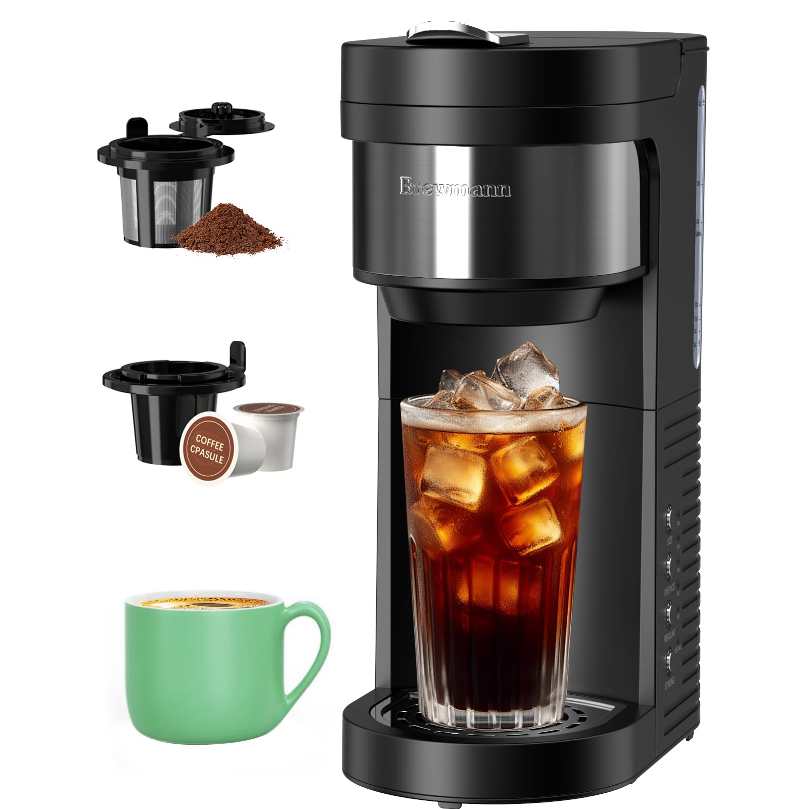 Brewmann Single Serve Hot & Iced Coffee Maker, for K Cup Pod and Grounds, 6 to 24oz Brew Size, Slim Compact for Small Spaces, De
