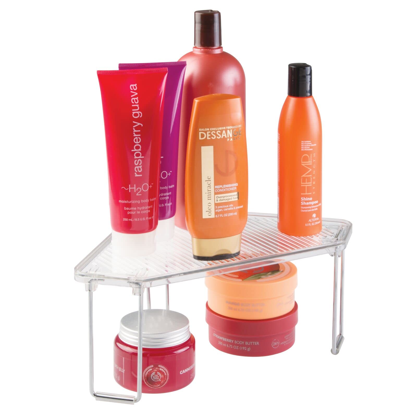 mDesign Plastic/Steel Corner Stackable Rack  Storage Organizer Shelf for Bathroom  Vanity  Countertop  Sink  Cabinet  Holds Makeup  Shower Accessories  Ligne Collection - 2 Pack - Clear