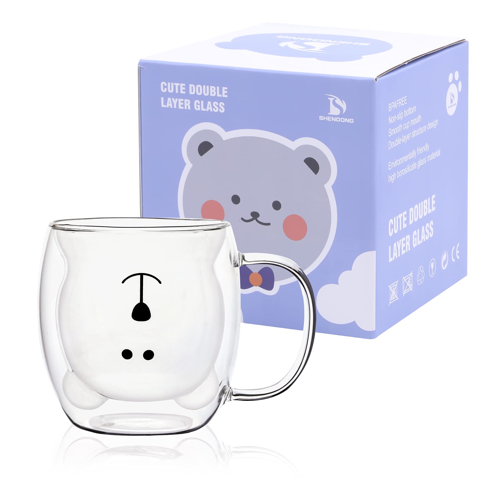 Shendong Cute Bear Mugs Cute Cups Bear Tea Coffee Cup With Handle 8.5Oz Milk Cup Double Wall Insulated Glass Espresso Cups Glass