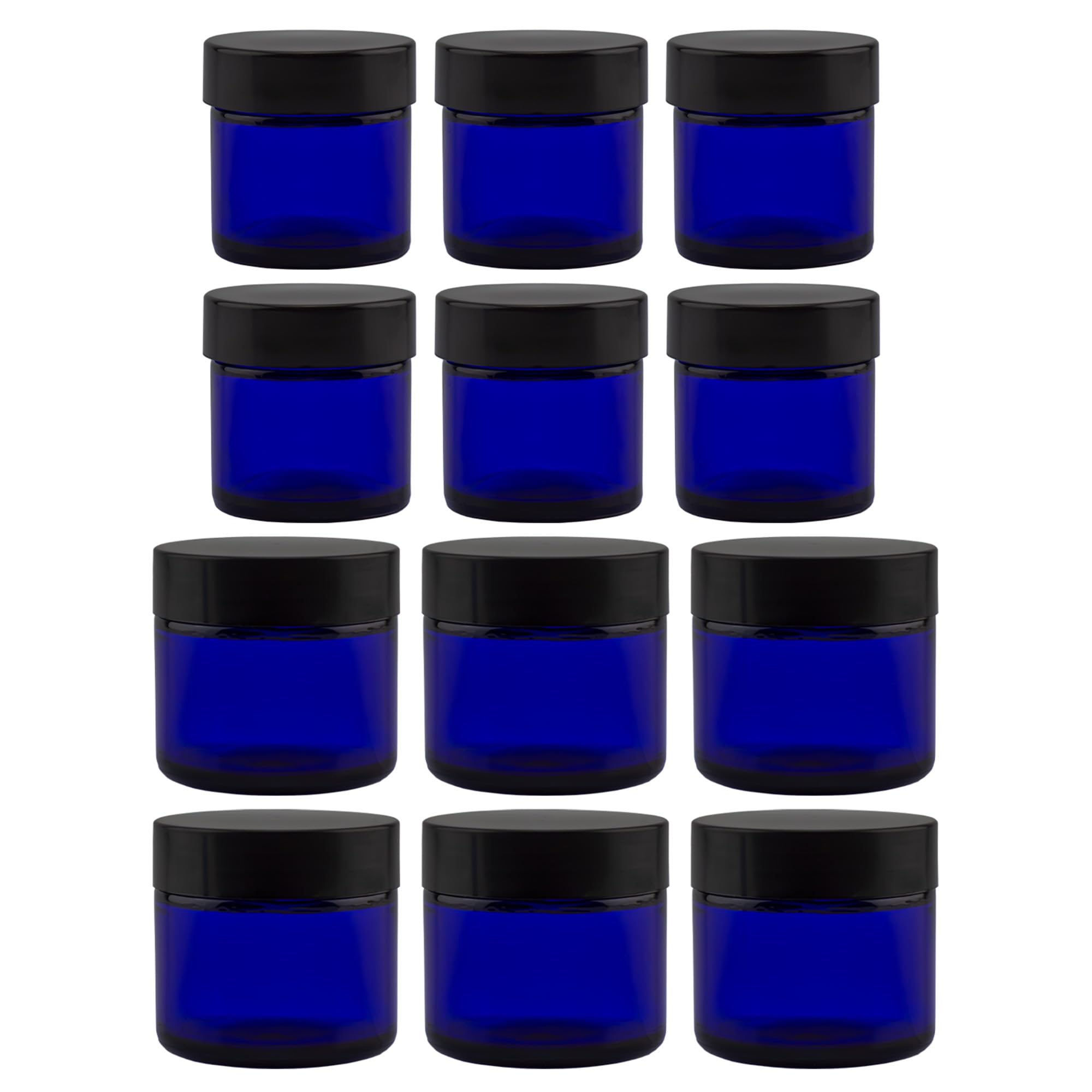 Combination 12 Pack of Cobalt Blue 1oz & 2oz Glass Straight Sided Jars  Lids Included; Empty Refillable Containers for Cosmetics  Creams  Lotions