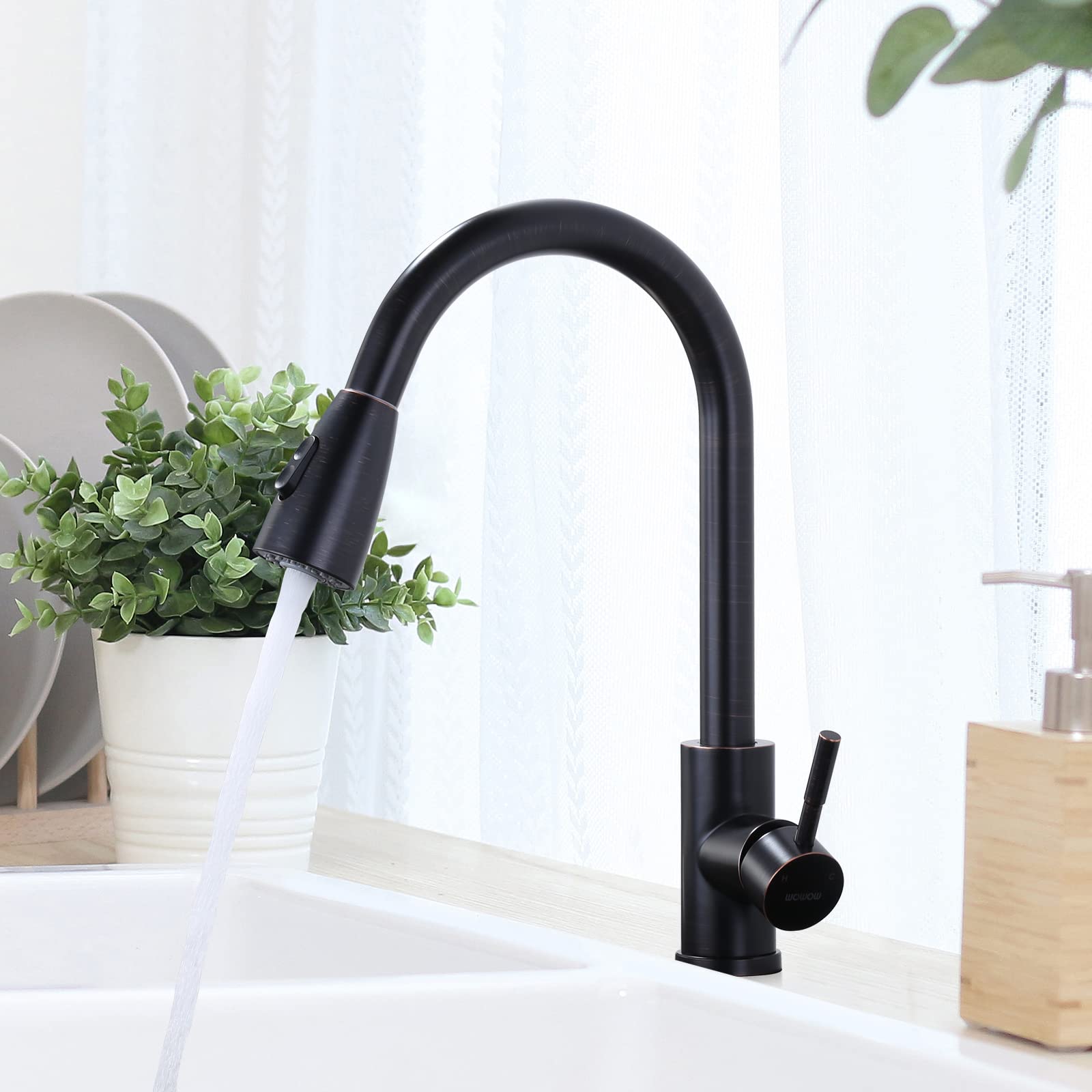 WOWOW Oil Rubbed Bronze Kitchen Faucet with Sprayer  SUS 304 Stainless Steel Kitchen Sink Faucet  High Arc Single Handle Kitchen Faucets with Pull Down Sprayer  Pull Out Kitchen Faucet with Deck Plate
