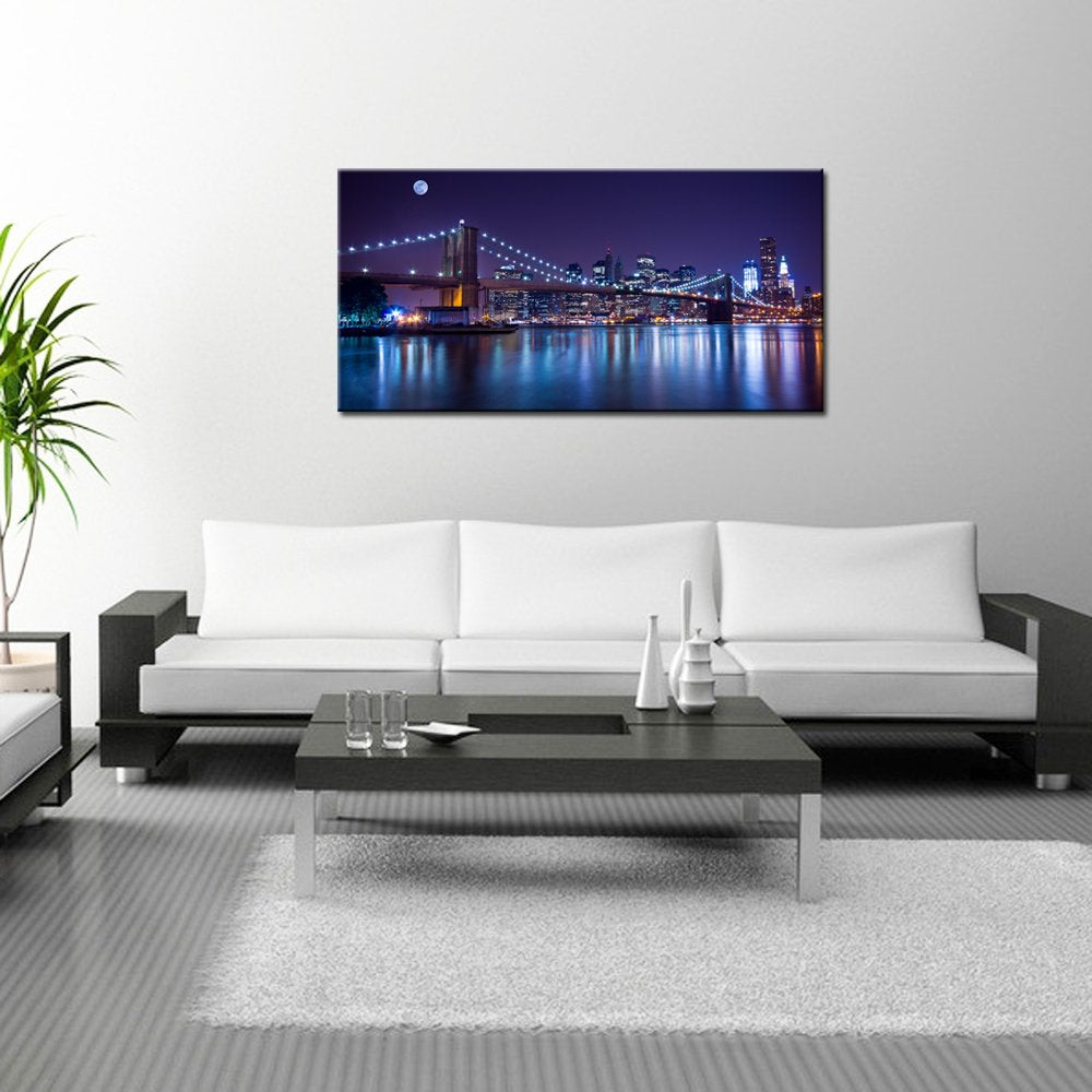 Sechars - Brooklyn Bridge Canvas Wall Art Large Size 24''X48'' Modern New York City Canvas Print Manhattan Skyline With Full Moo