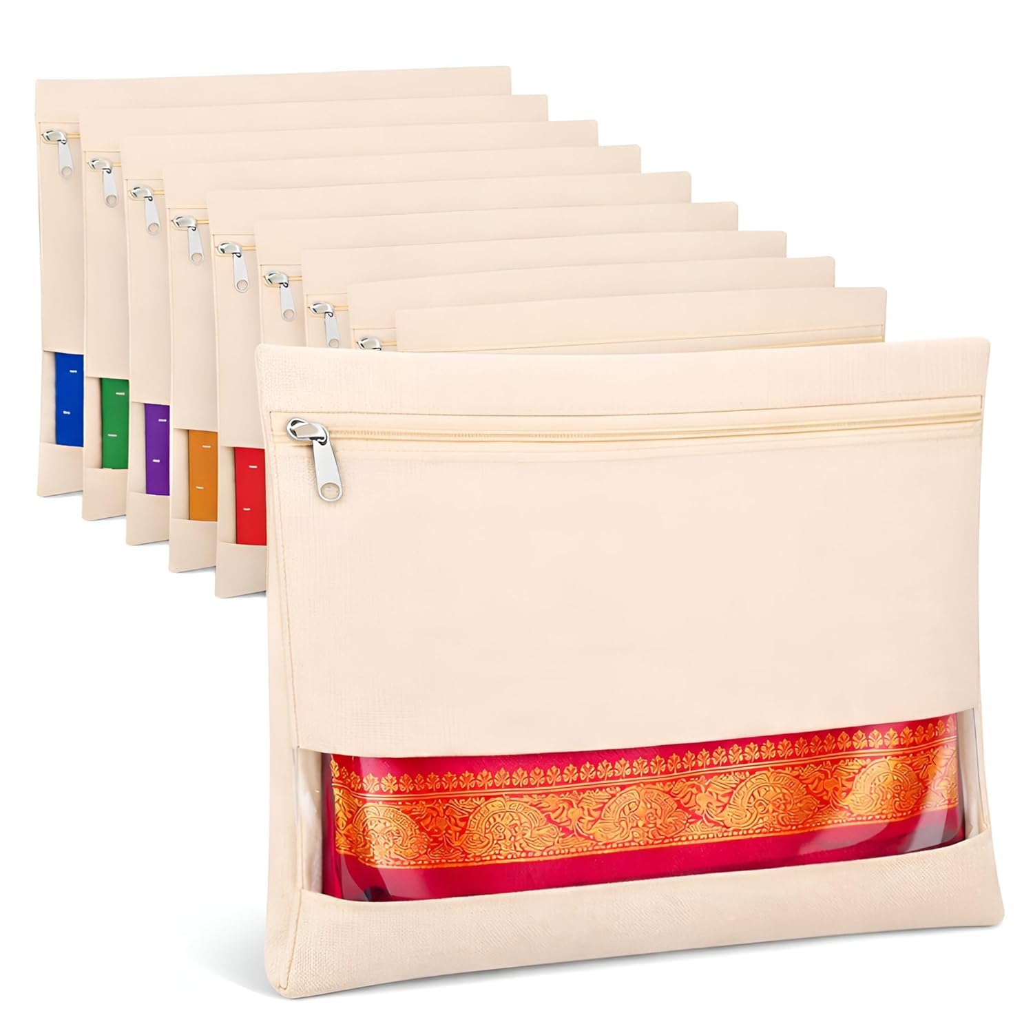 Saree Cover Bags (Set Of 12) With Zipper And Transparent Window, Breathable Cotton Canvas Linen Organizer Pouches For Saree Stor