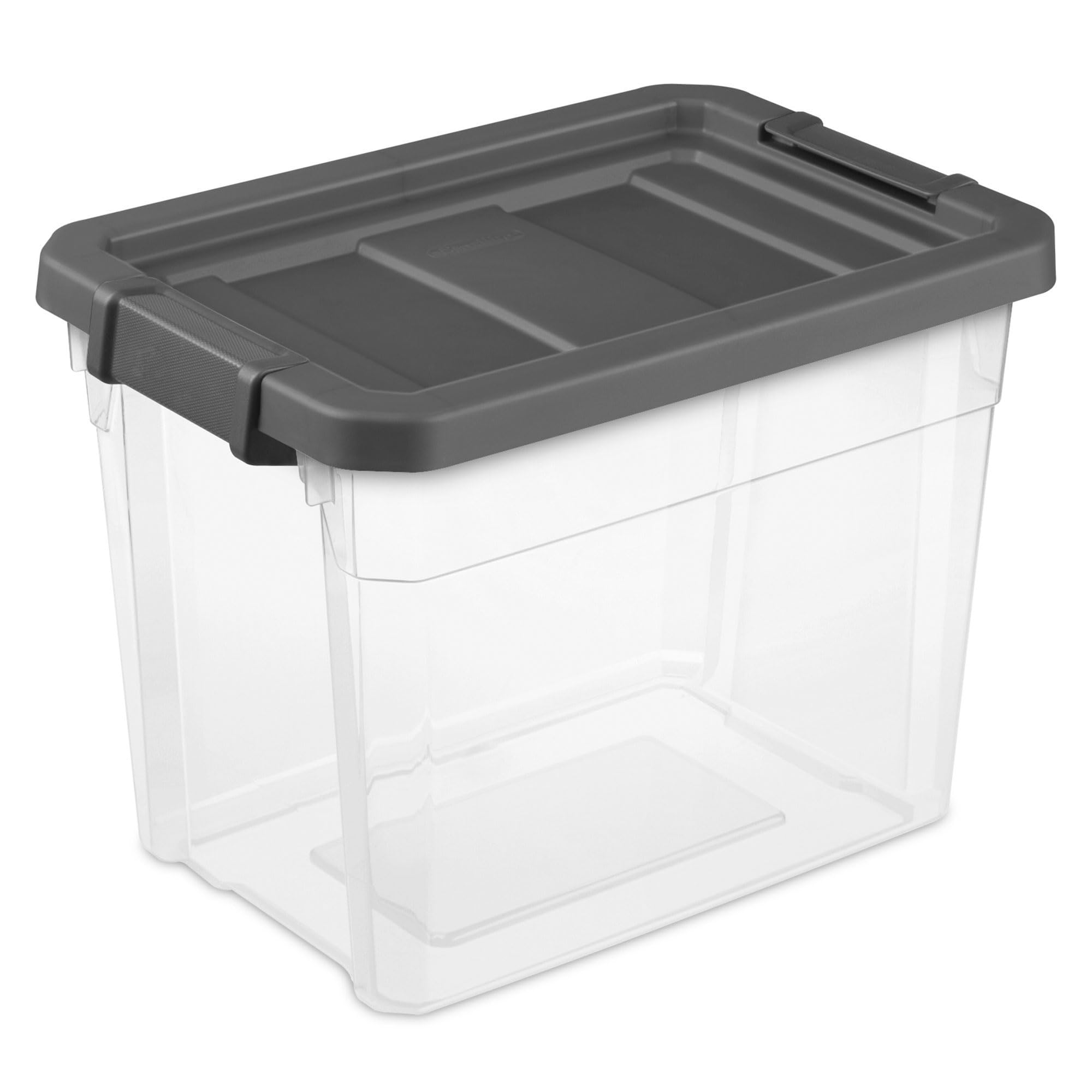 Sterilite 30 Quart Plastic Stacker Box, Lidded Storage Bin Container For Home And Garage Organizing, Shoes, Tools, Clear Base &