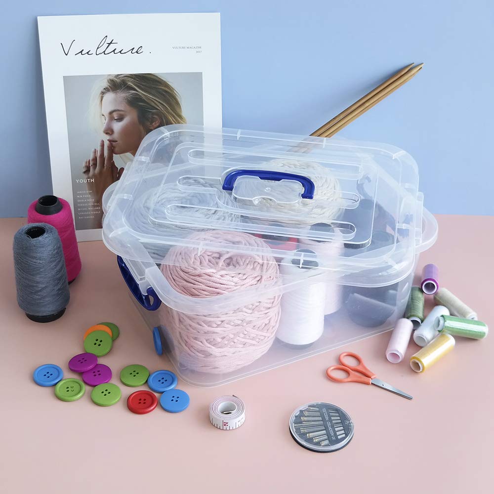 Easymanie 8 Quart Clear Bins With Navy Blue Handle, Plastic Storage Boxes, 2 Packs