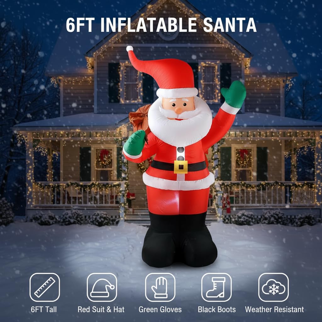COOLWUFAN 6 FT Christmas Inflatables Santa Claus with Gifts Bag, Christmas Inflatables Outdoor Decorations, Built-in LED Lights