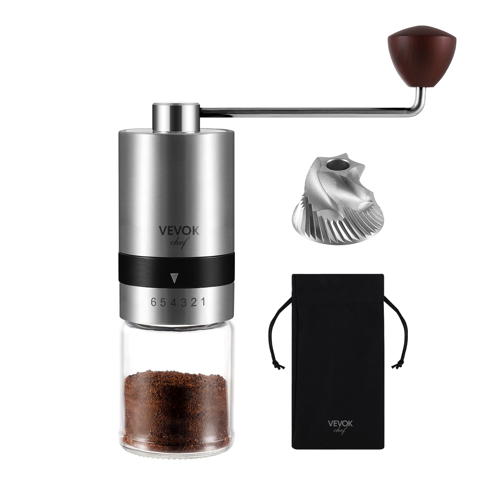 Vevok Chef Manual Coffee Grinder Stainless Steel Burr Grinder 6 External Adjustable Setting Vintage Hand Coffee Grinder Portable