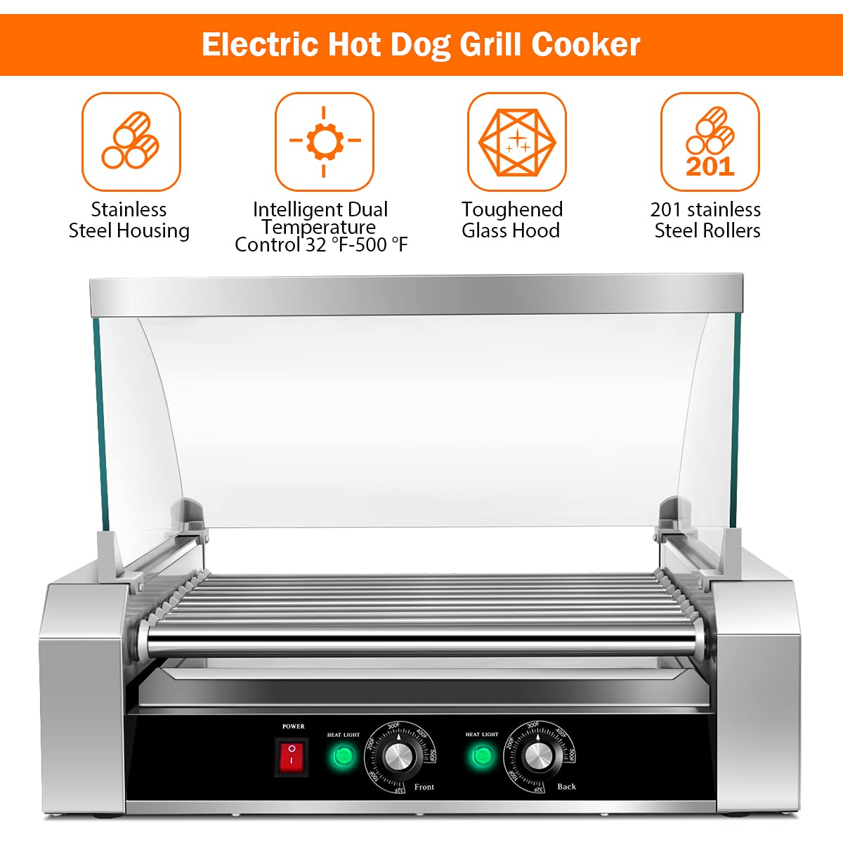 Kotek Hot Dog Roller Machine, 30 Hot Dog And 11 Non-Stick Roller, Sausage Grill Cooker Machine With Glass Cover, Drip Tray, Dual