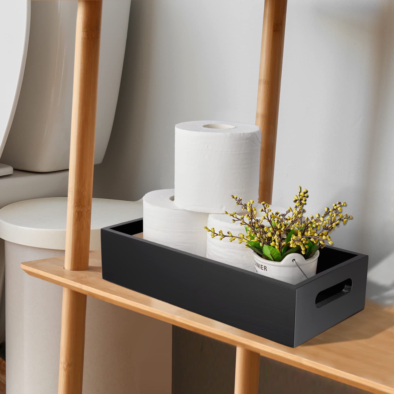 Alelion Black Bathroom Basket - Wooden Toilet Tank Paper Basket With Handle For Organizing - Back Of Toilet Storage Organizer Fo