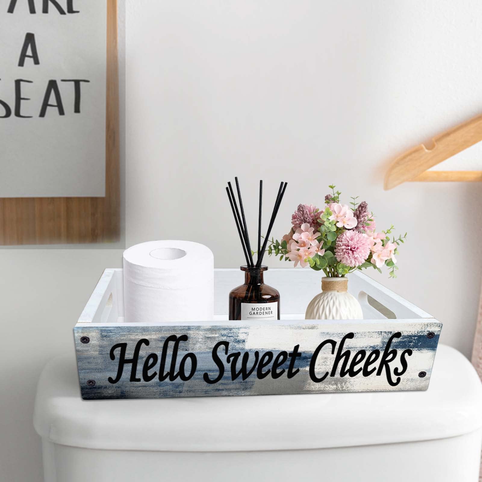 Lnond Rustic Bathroom Decor Box, Bathroom Toilet Tank Tray Storage Basket, Hello Sweet Cheeks Bathroom Wooden Toilet Paper Baske