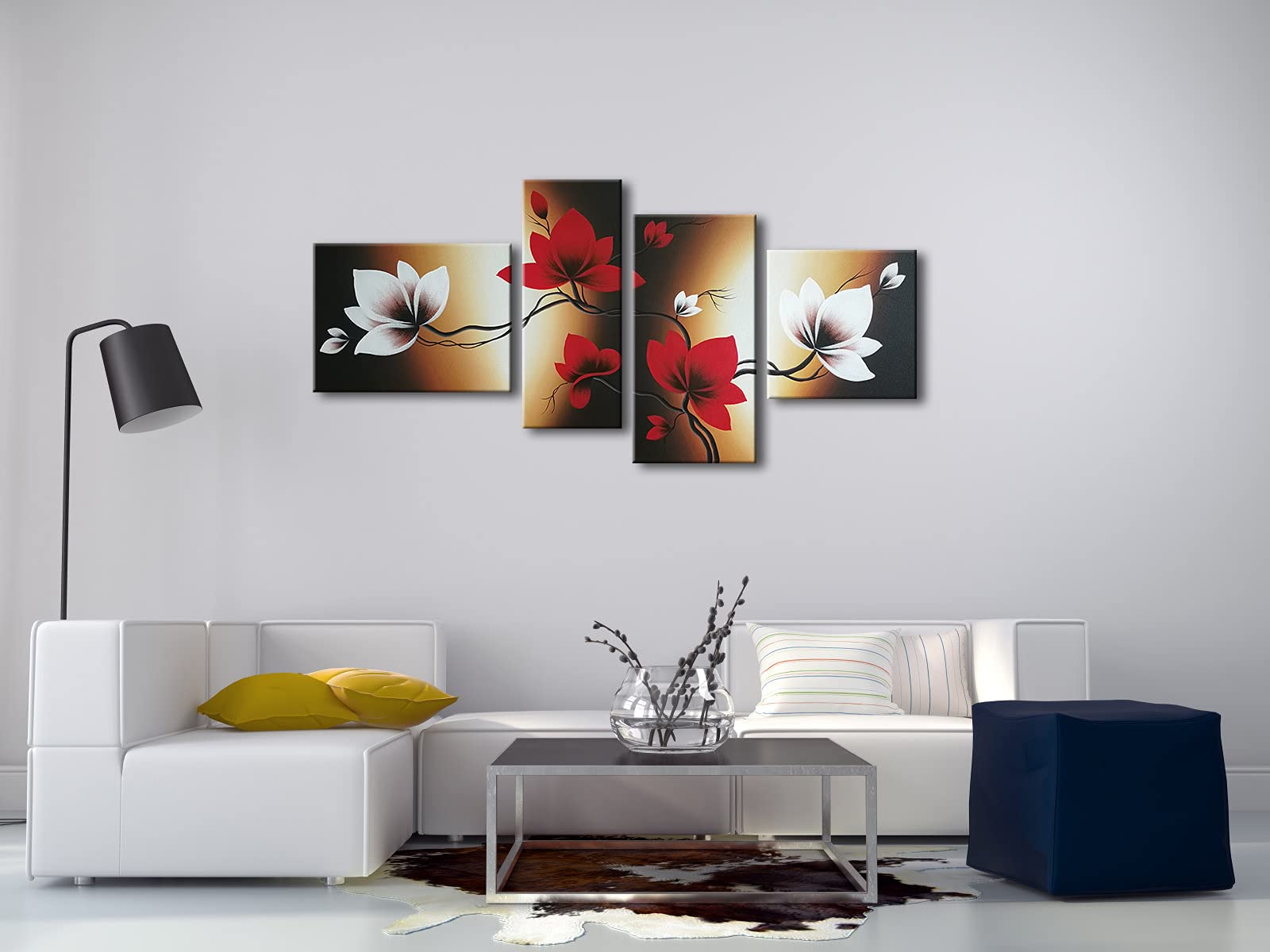 Wieco Art The Back Full Bloom In Spring Red Flowers 100% Hand-Painted 4 Panels Flower Oil Paintings On Canvas Wall Art For Wall
