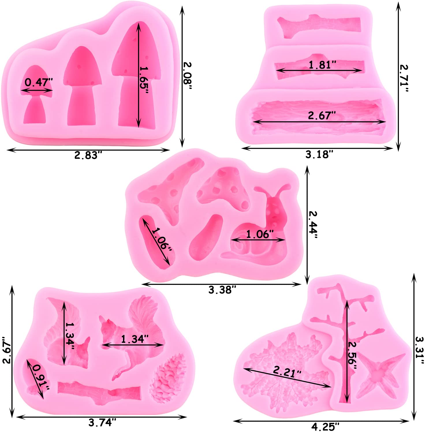 Mujiang Forest Animal Silicone Mold Squirrel Snail Mushroom Pinecone Fondant Mold Woodland Stump Tree Trunk Candy Molds For Cake