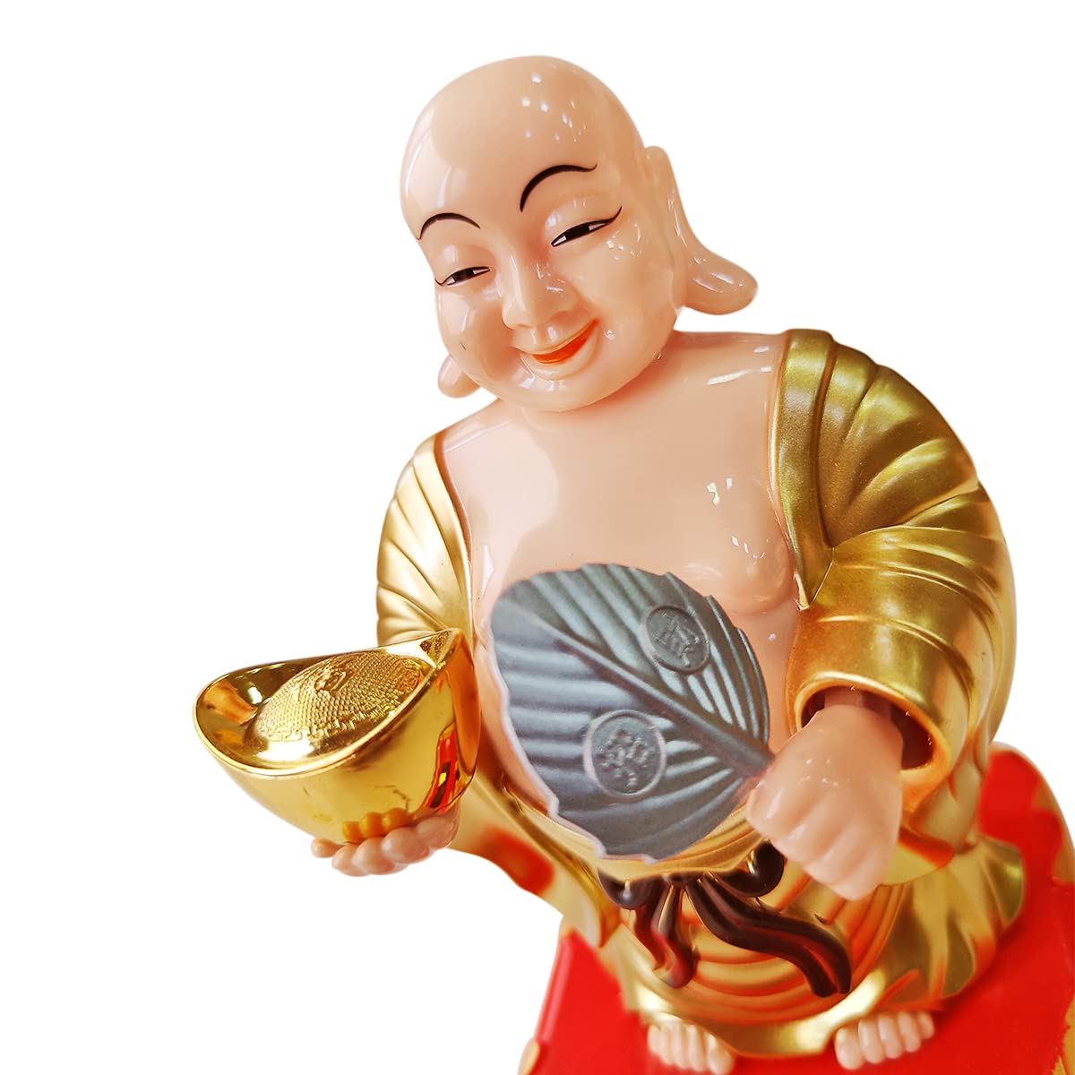 Shubhanjali Feng Shui Waving Fan and Ignot with Solar Laughing Buddha Statue for Home Decor Items Car Dashboard Accessories Gift