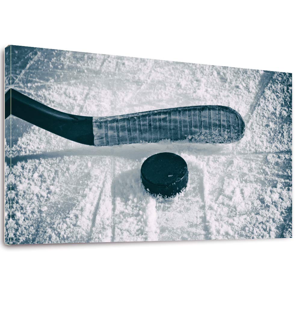 Canvas Wall Art- Hockey Puck And Stick Sliding Across The Ice - Long Canvas Art Picture Print Framed For Home Decor - 20''X40''