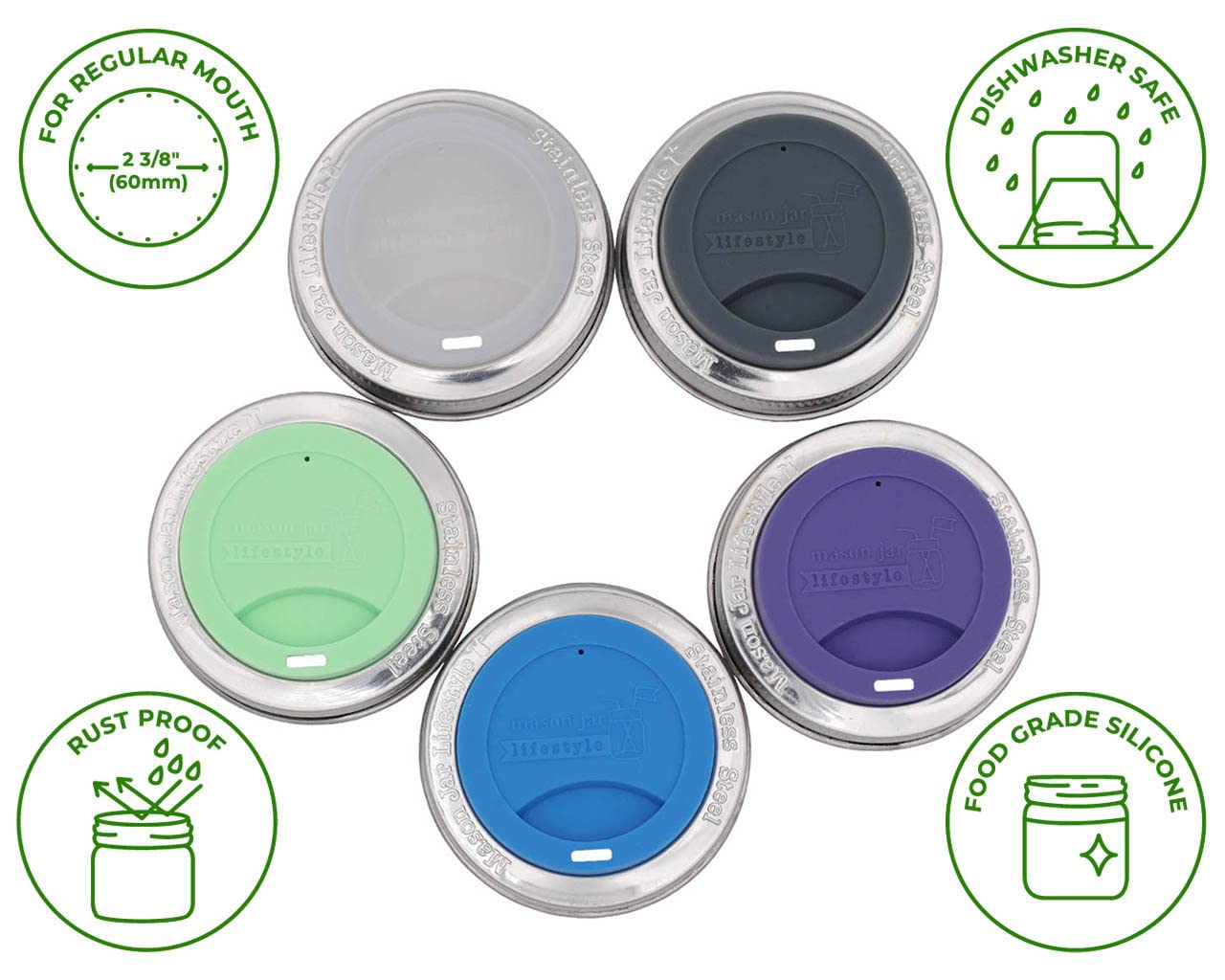 Silicone Drinking Lids With Rust Proof Stainless Steel Bands By Mason Jar Lifestyle (2 Pack, Lemon Yellow, Regular Mouth)